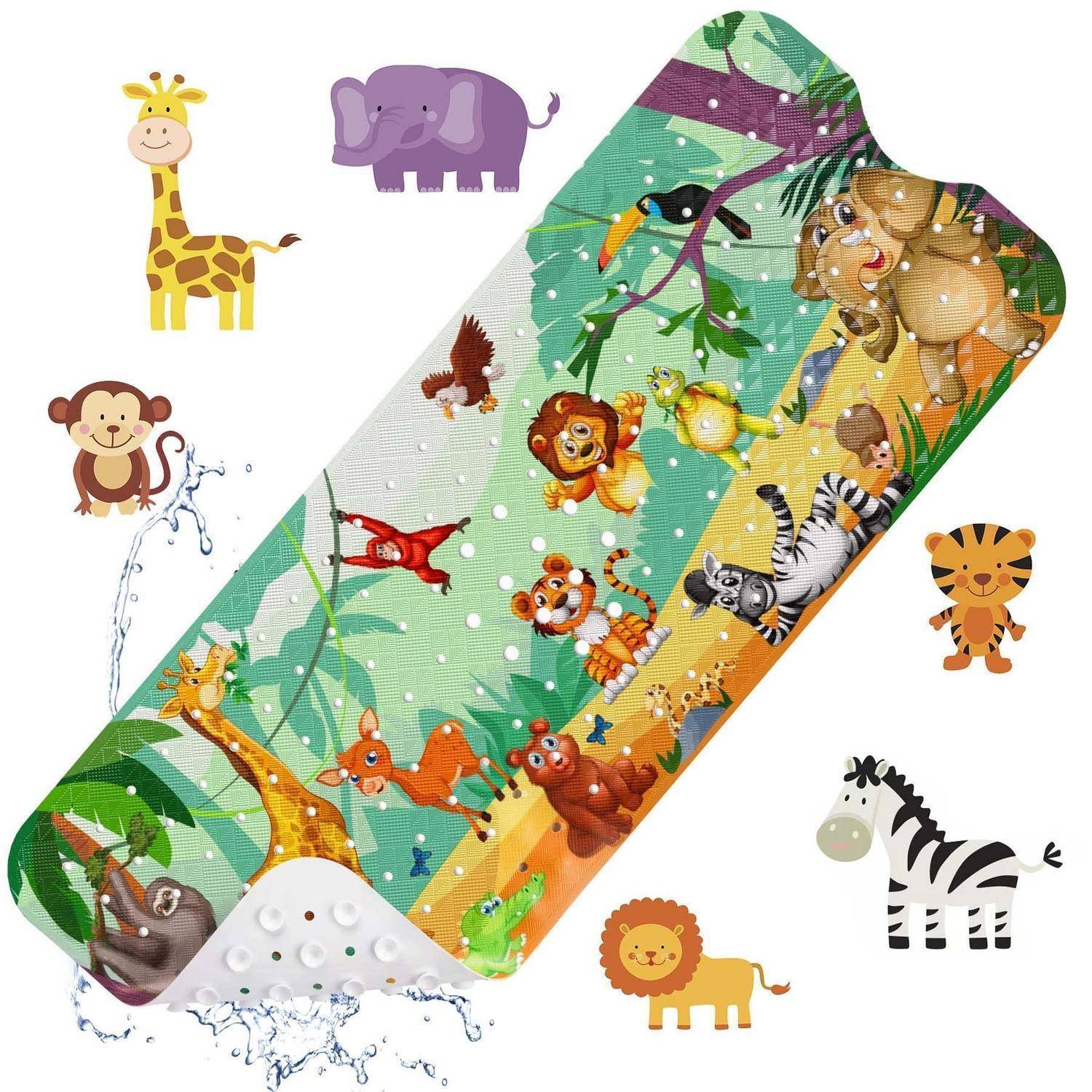Illustrierte Kinderbadematte mit bunten Dschungeltieren und einem diagonalen grünen Pfad, einschließlich Giraffe, Elefant, Löwe, Zebra, Affe, Tiger und Wasser, das unten spritzt.