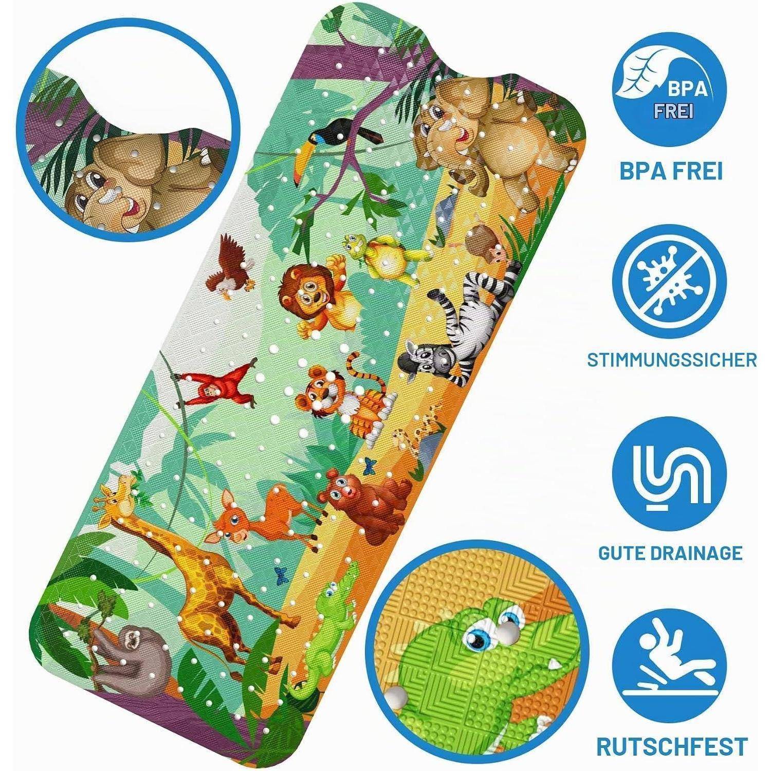 Farbenfrohes Handy-Schutzhülle mit Dschungel-Motiv und Tierskulpturen; Hinweise zeigen BPA-frei, stoßfest, gute Drainage und rutschfeste Oberfläche.