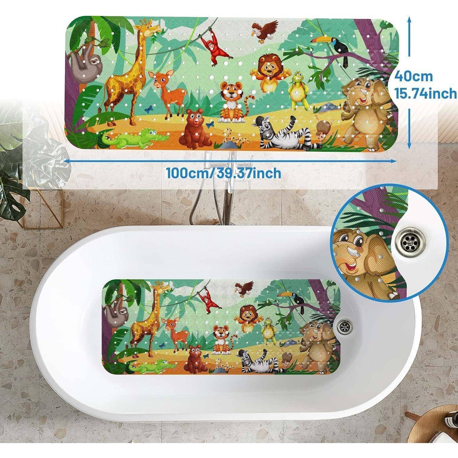 Cartoon-Badematten für den Dschungel mit Tierdruck, in der Badewanne gezeigt; Größe mit 100 cm x 40 cm gekennzeichnet, mit Detailaufnahme der Saugnapfdetails.
