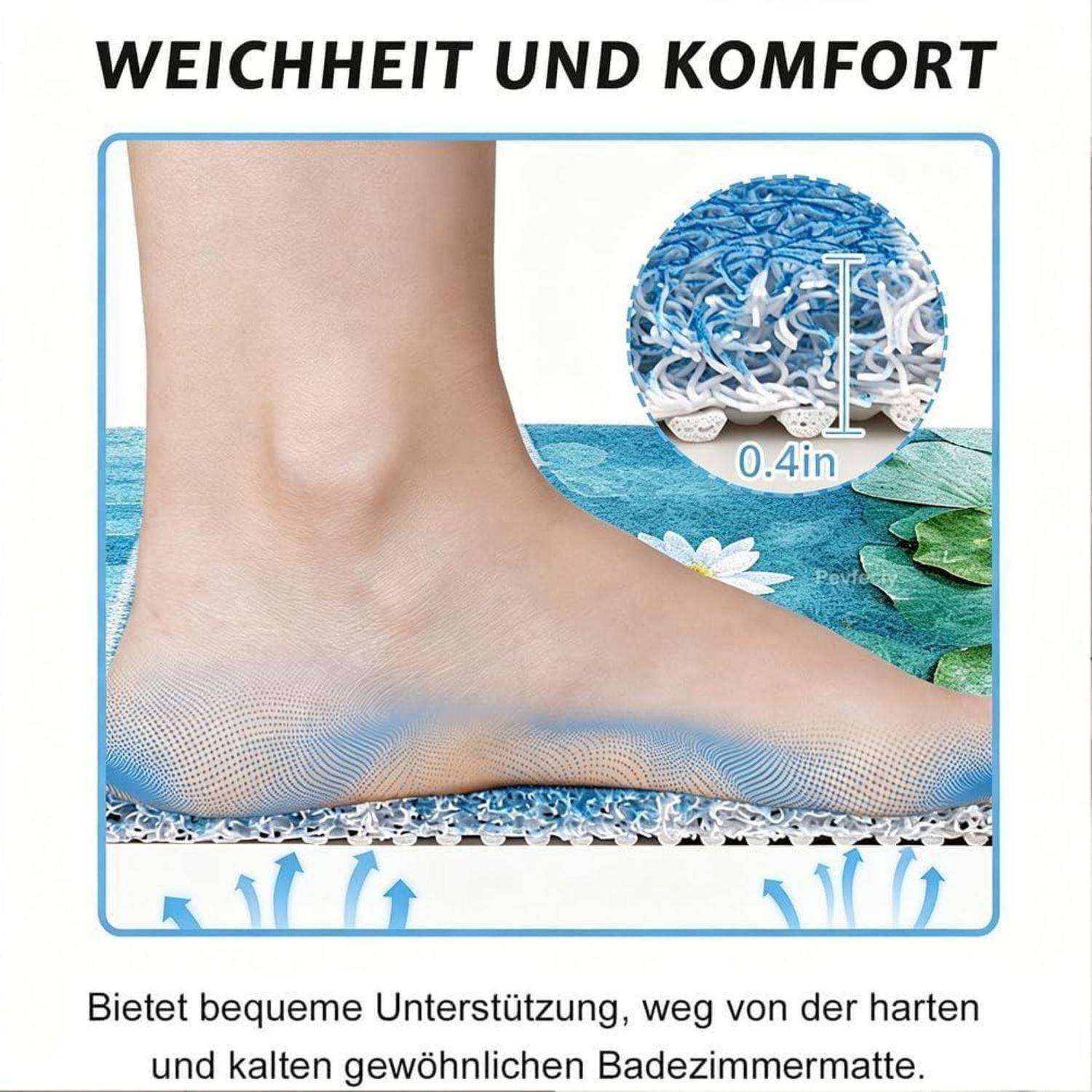 Anzeige mit einem Fuß auf einer blauen gepolsterten Badmatte, die eine Dicke von 0,4 Zoll hervorhebt und 