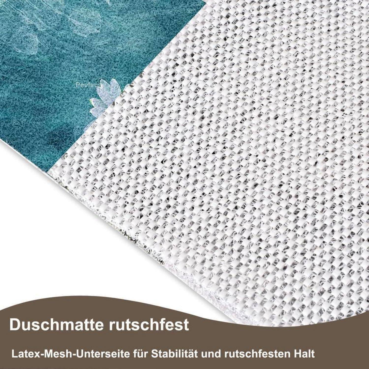 Produktbild einer rutschfesten Duschmatte mit Latex-Mesh-Unterseite, gekennzeichnet mit „Duschmatte rutschfest
