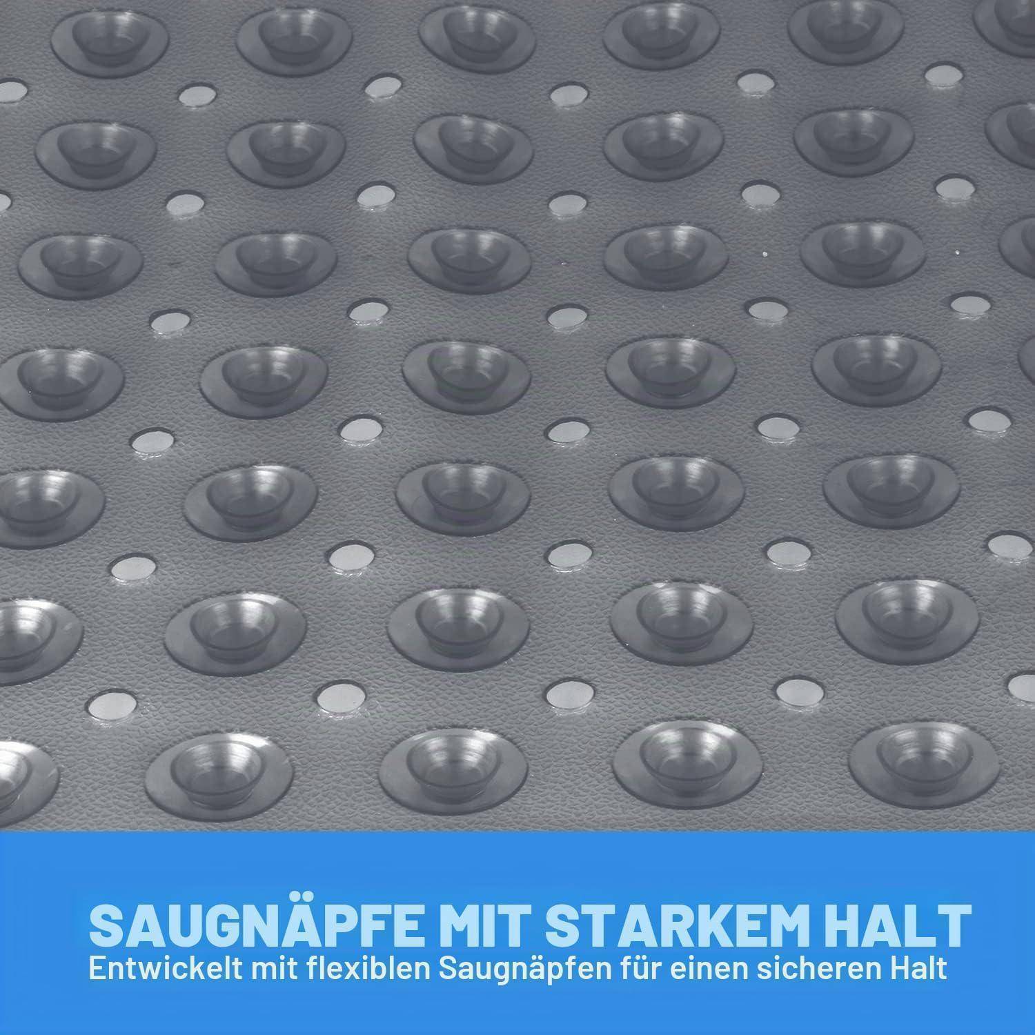 Graue strukturierte rutschfeste Matte mit Reihen von Saugnäpfen; blaues Banner liest „SAUGNÄPFE MIT STARKEM HALT