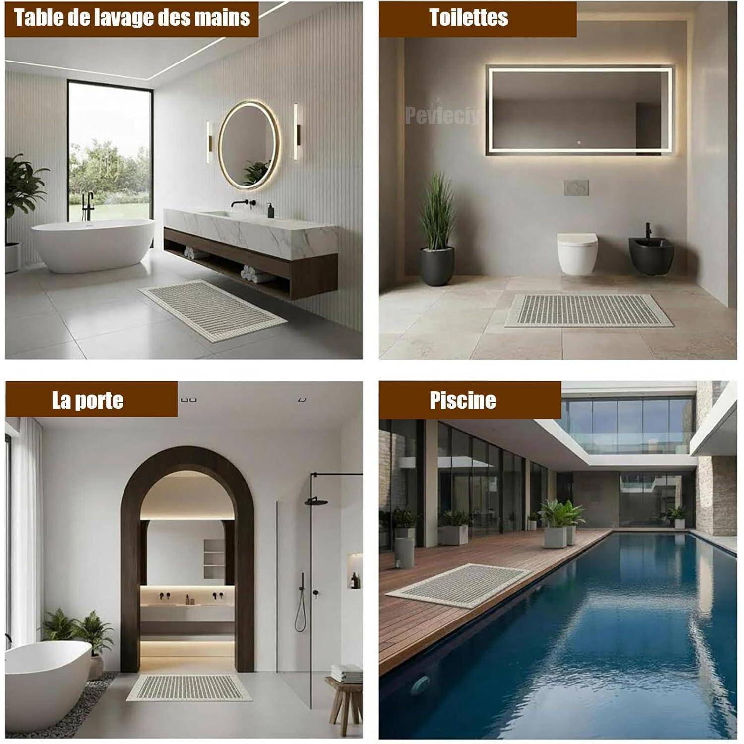 Vier gekennzeichnete luxuriöse Innen- und Außendesigns: Badezimmerspüle, Toilettenbereich, gewölbter Durchgang und ein moderner Swimmingpool.