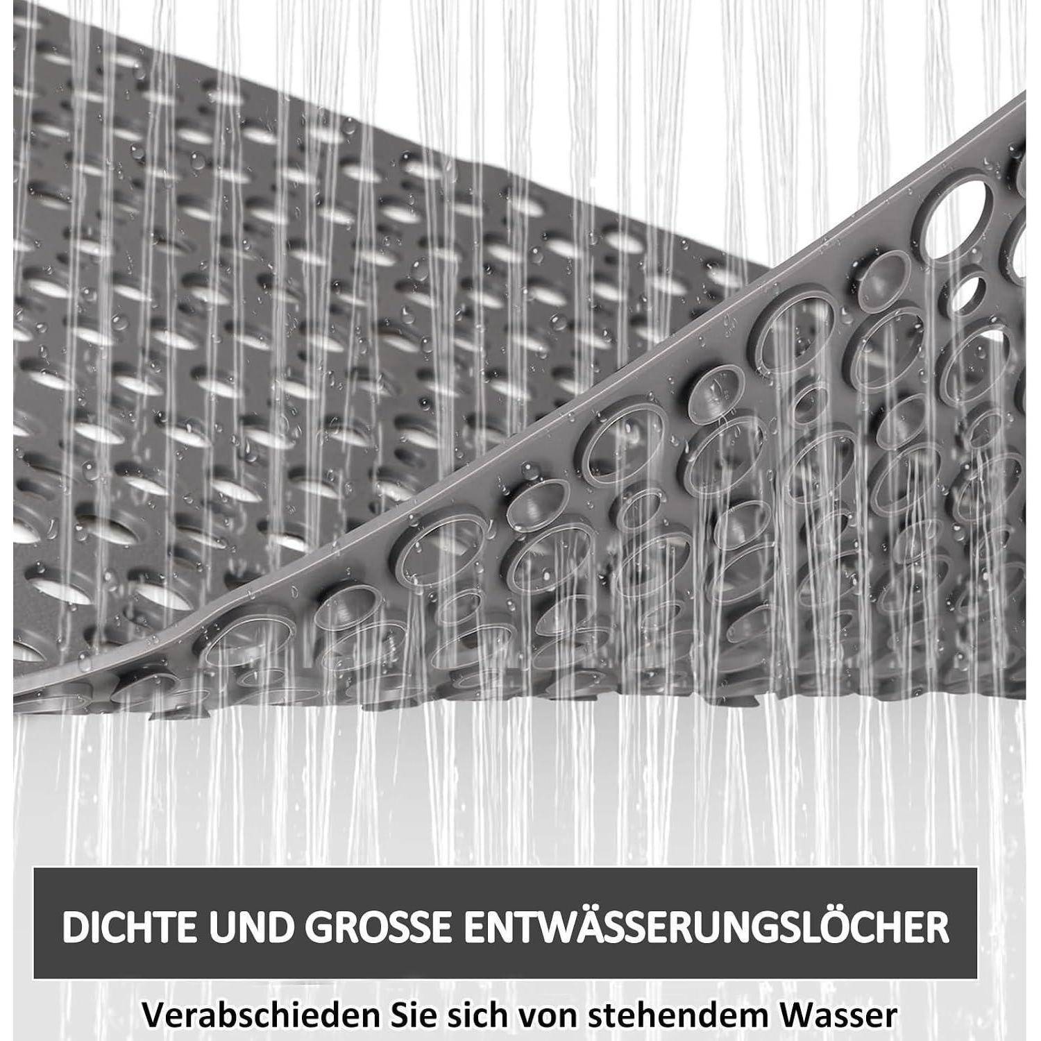 Metallablaufplatte mit vielen runden Löchern über vertikalen Wasserströmen, beschriftet auf Deutsch mit „DICHTE UND GROSSE ENTWÄSSERUNGSLÖCHER