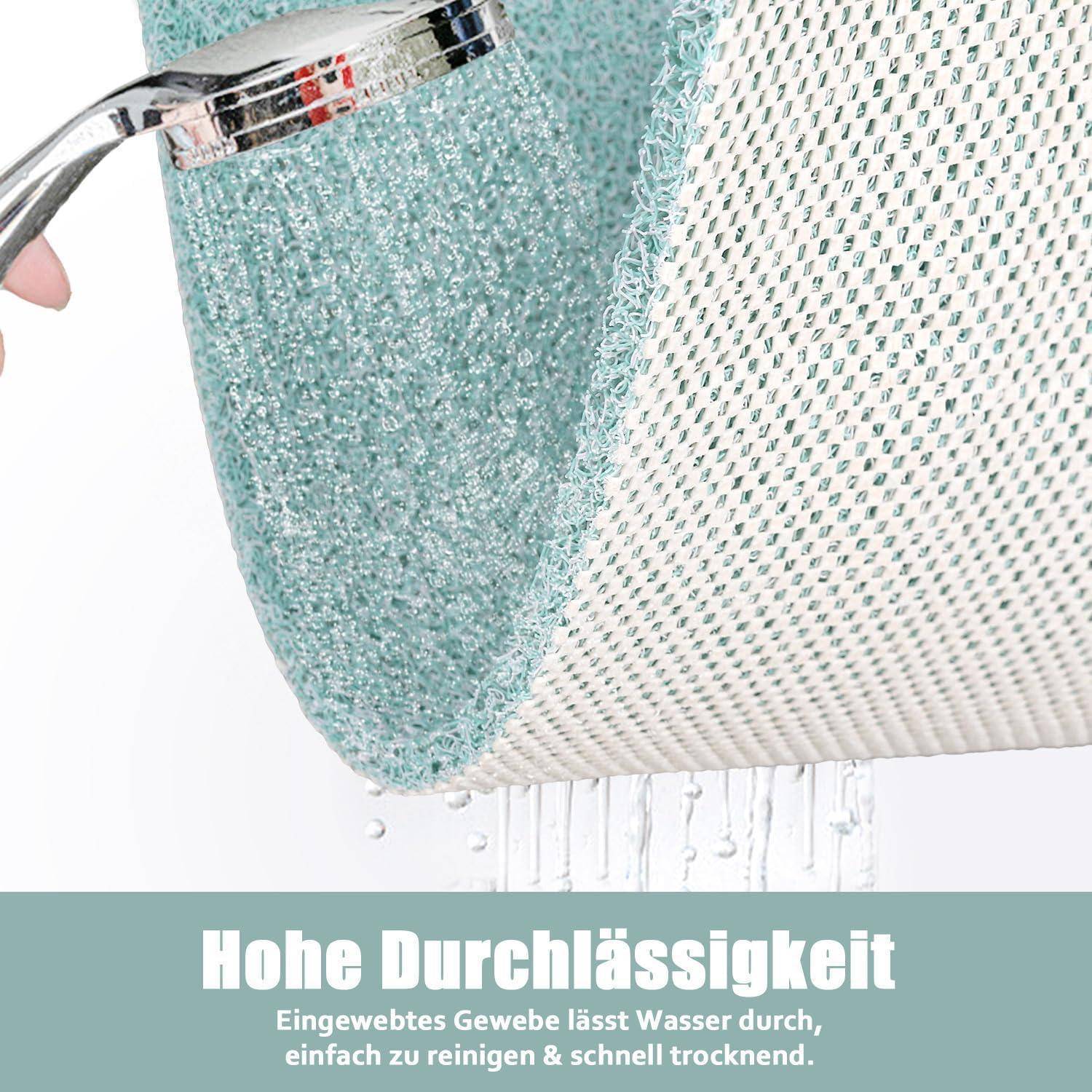 Nahaufnahme einer gewebten Netztasche, die mit Wasser gespült wird, mit deutschem Text, der „Hohe Durchlässigkeit