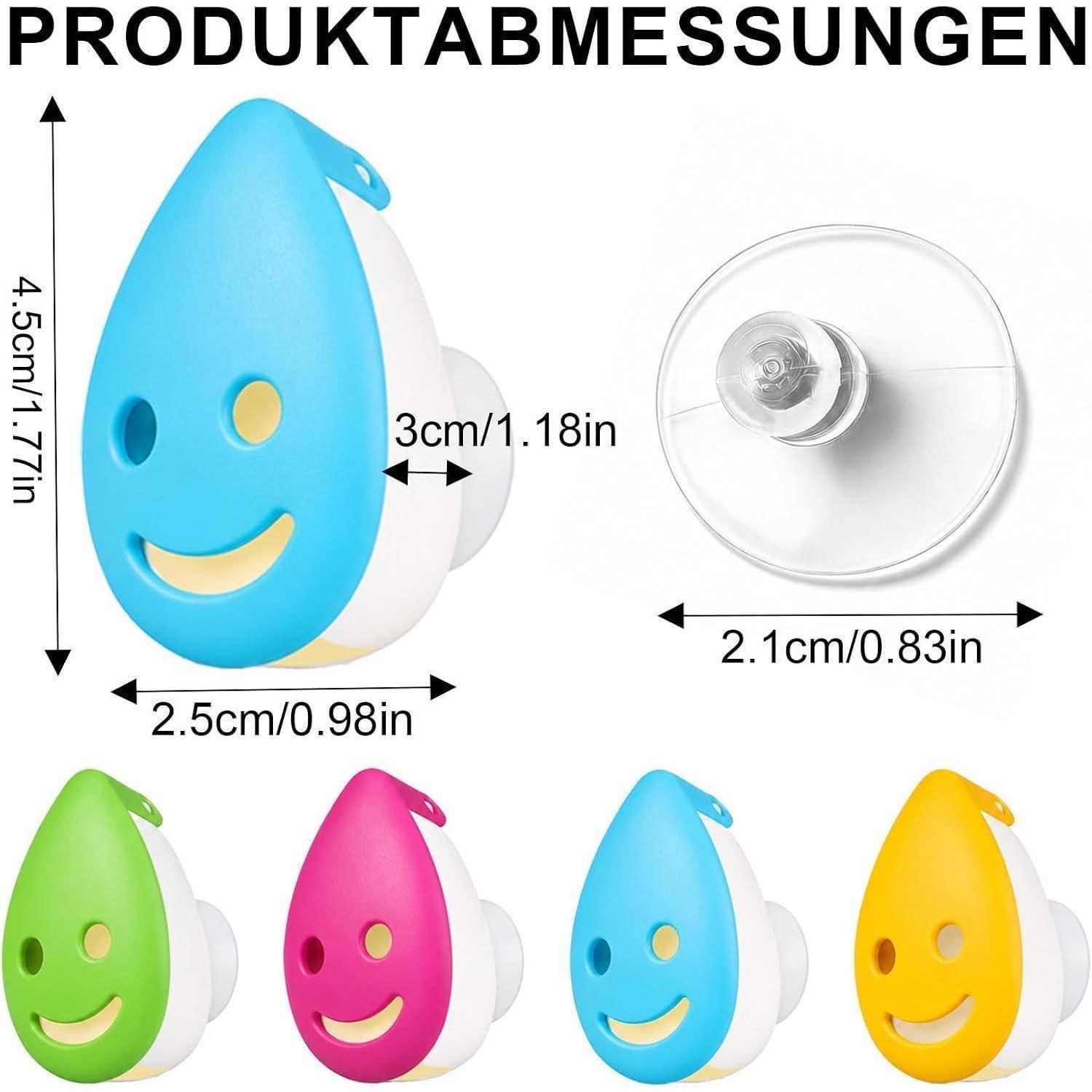 Produktabmessungen für einen Smiley-Gesicht-Saugnapfhaken: 4,5 cm hoch, 2,5 cm breit, 3 cm tief, mit 2,1 cm Saugnapf; in vier Farben erhältlich.