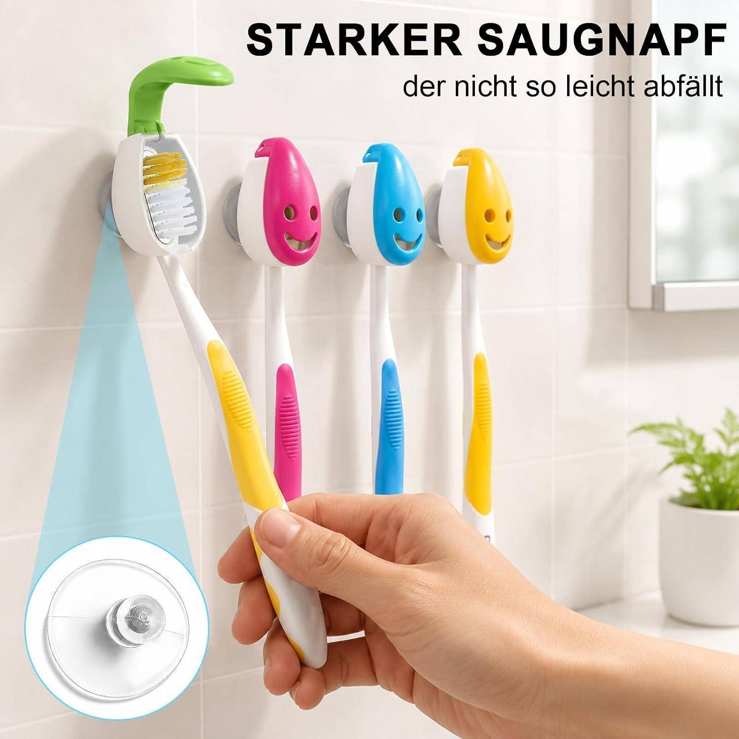 Hand hält einen weiß-gelben Rasierer gegen einen wandmontierten Saugnapfhalter; Text sagt „STARKER SAUGNAPF