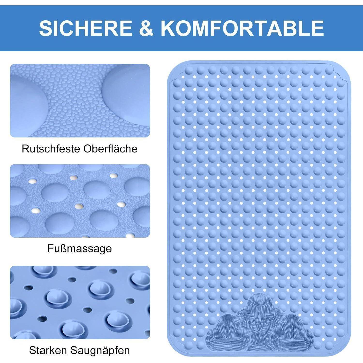Blaubraune Badmatte mit strukturierter, rutschfester Oberfläche und Saugnäpfen; deutscher Text hebt sichere, komfortable und Fußmassage-Funktionen hervor.