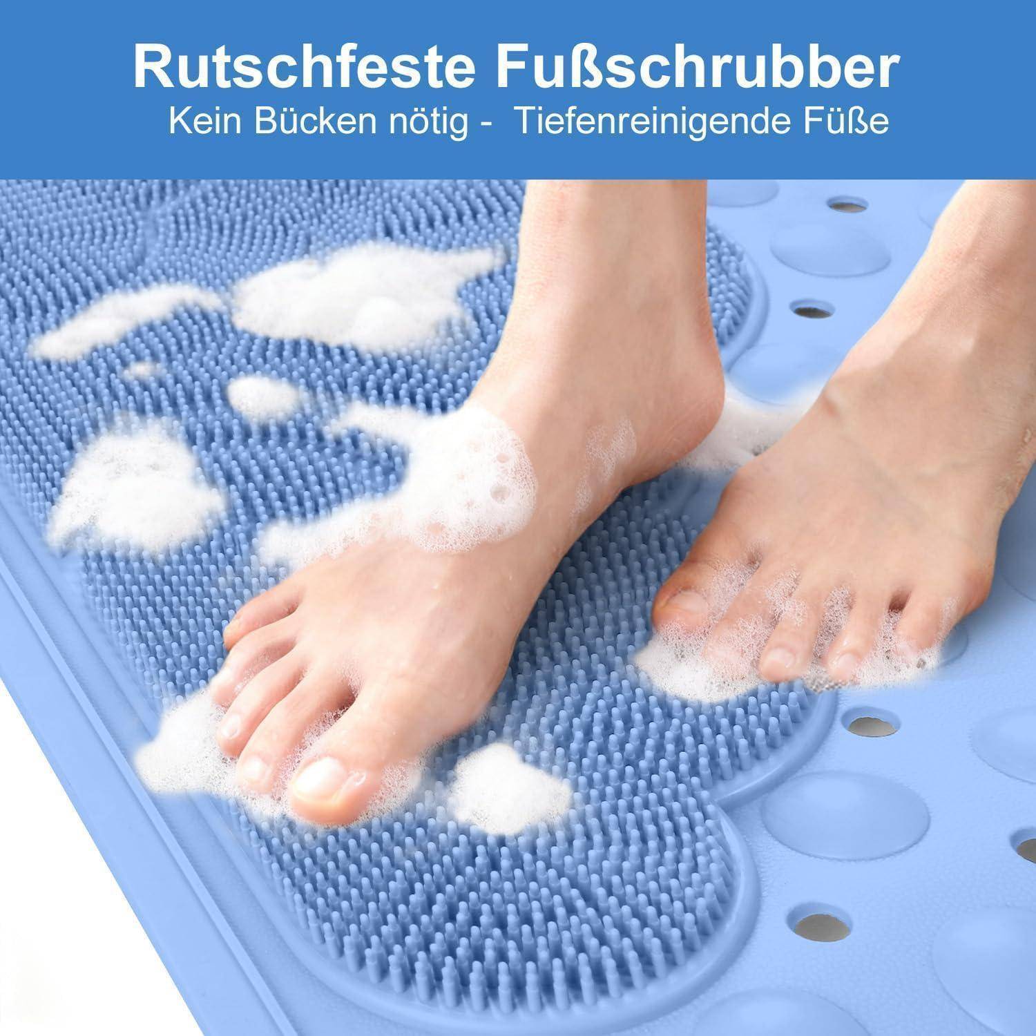 Füße schrubben auf einer blauen rutschfesten Badewannenmatte mit Schaum; deutscher Text liest sich als „Rutschfeste Fußschrubber