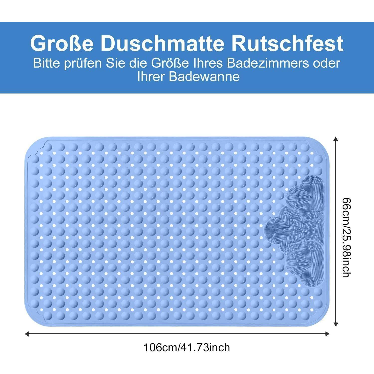 Blaufarben rutschfeste Badmatte mit Saugnapfbuckeln, dargestellt mit den Abmessungen 106 cm x 66 cm und deutschem Text zur Überprüfung der Badezimmer- oder Badewannengröße.