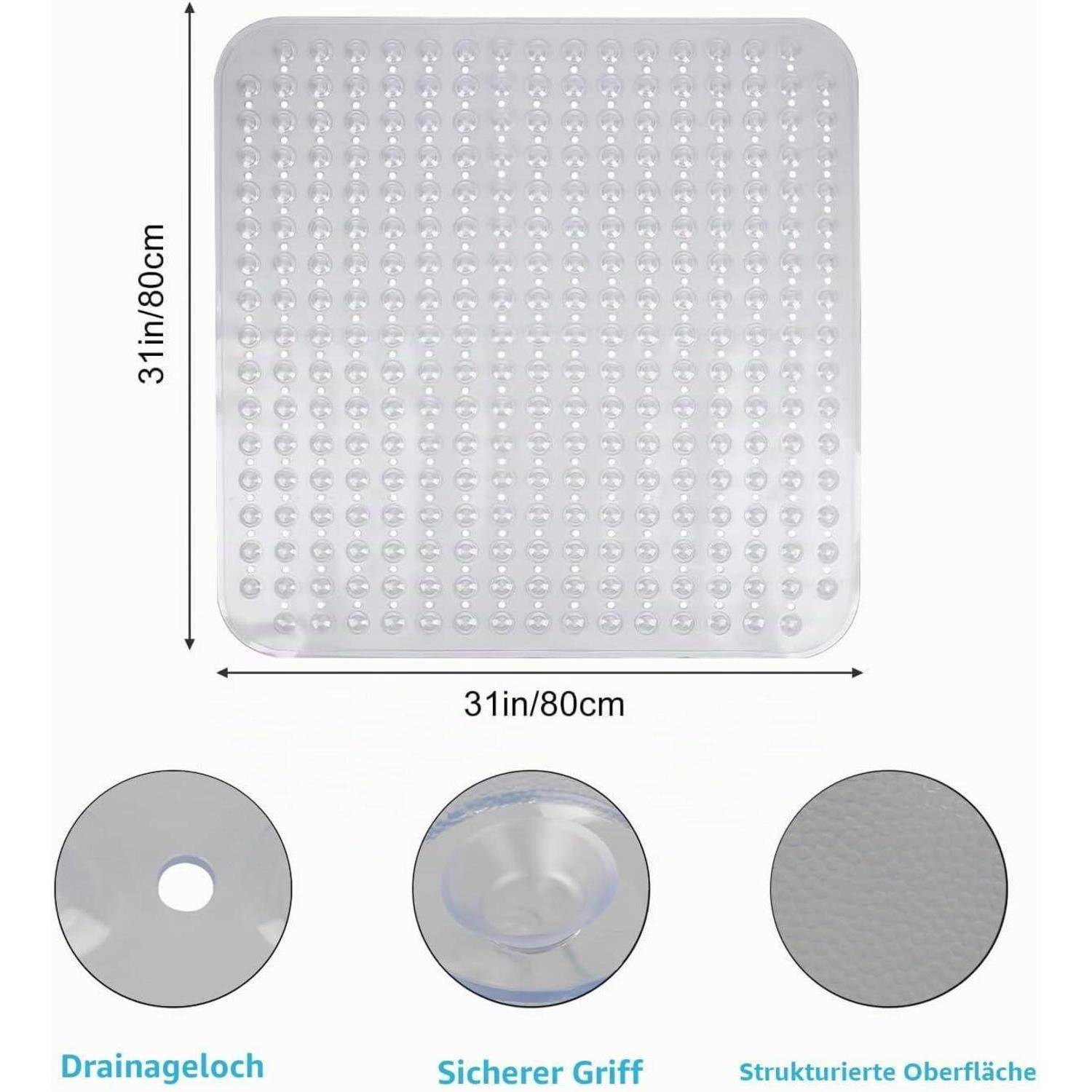 Rutschfeste Badematte, quadratisch, transparent, 31 Zoll/80 cm, mit Ablöchern, Saughaftung und strukturierter Oberfläche.