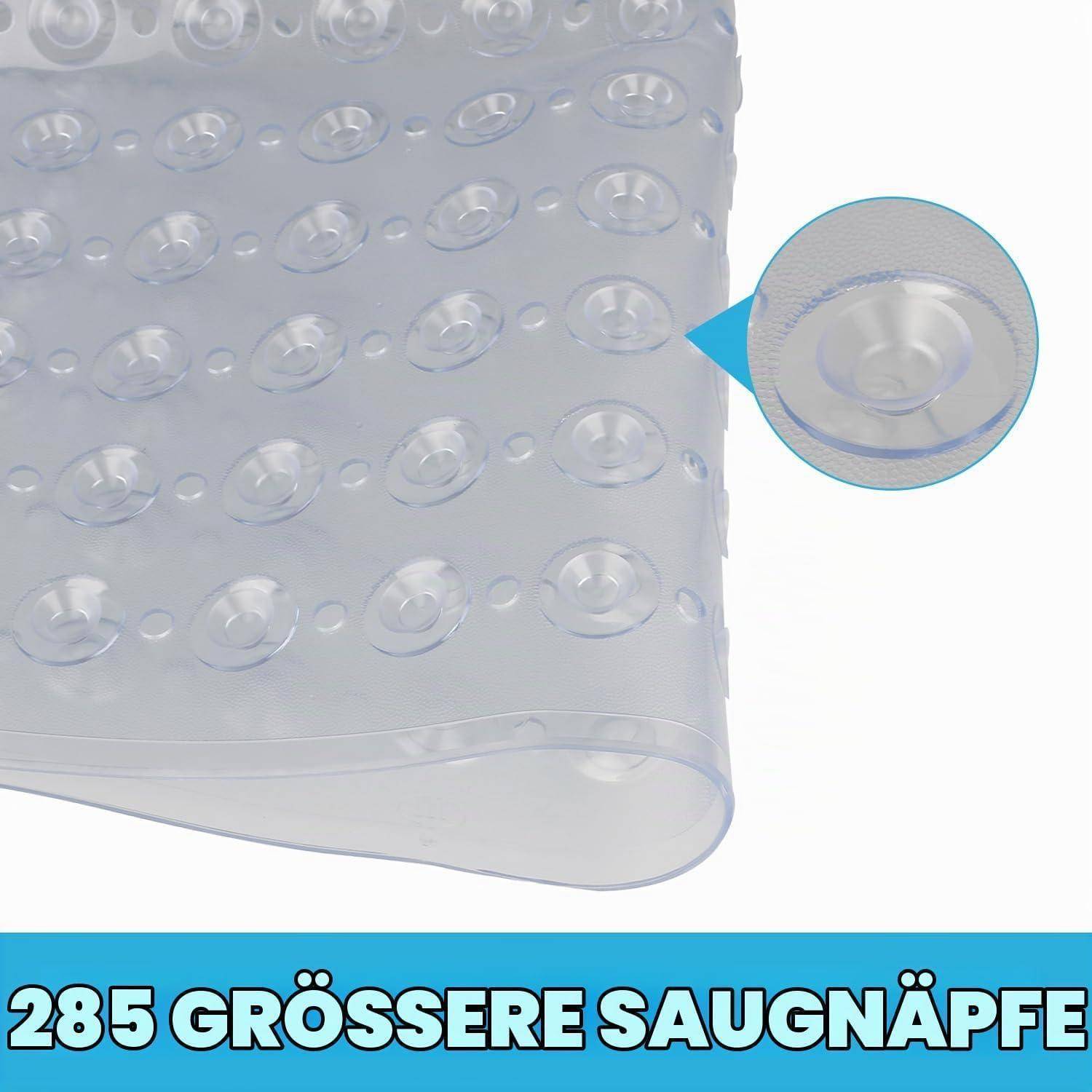 Nahaufnahme einer durchsichtigen Saugmatte mit vielen Saugnäpfen, plus vergrößerte Ansicht eines Napfes; der Text besagt „285 GRÖSSERE SAUGNÄPFE