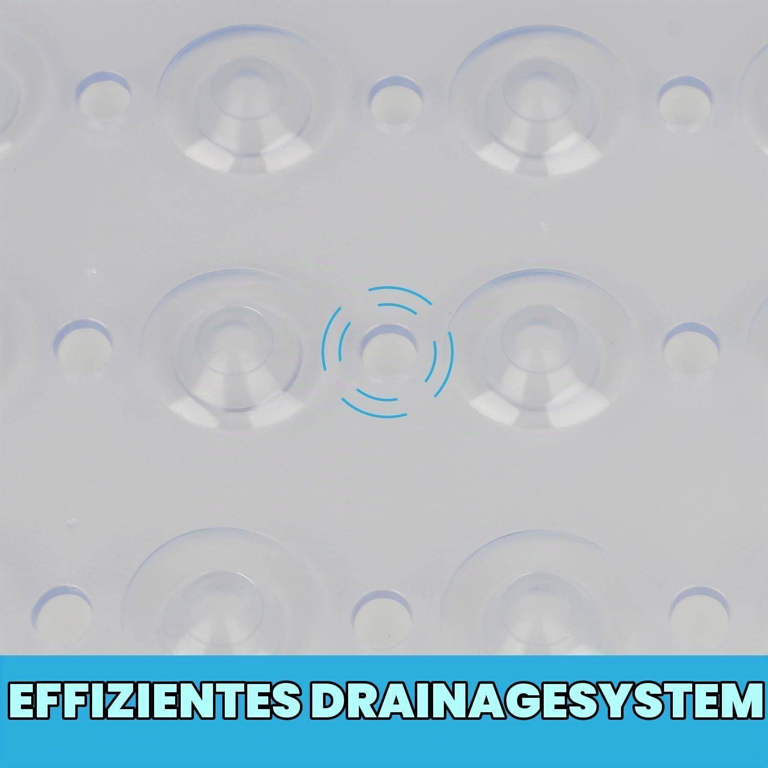 Nahaufnahme einer Drainageoberfläche mit wiederholten kreisförmigen Kanälen und einer blau hervorgehobenen Mitte, bezeichnet als 'EFFIZIENTES DRAINAGESYSTEM'.