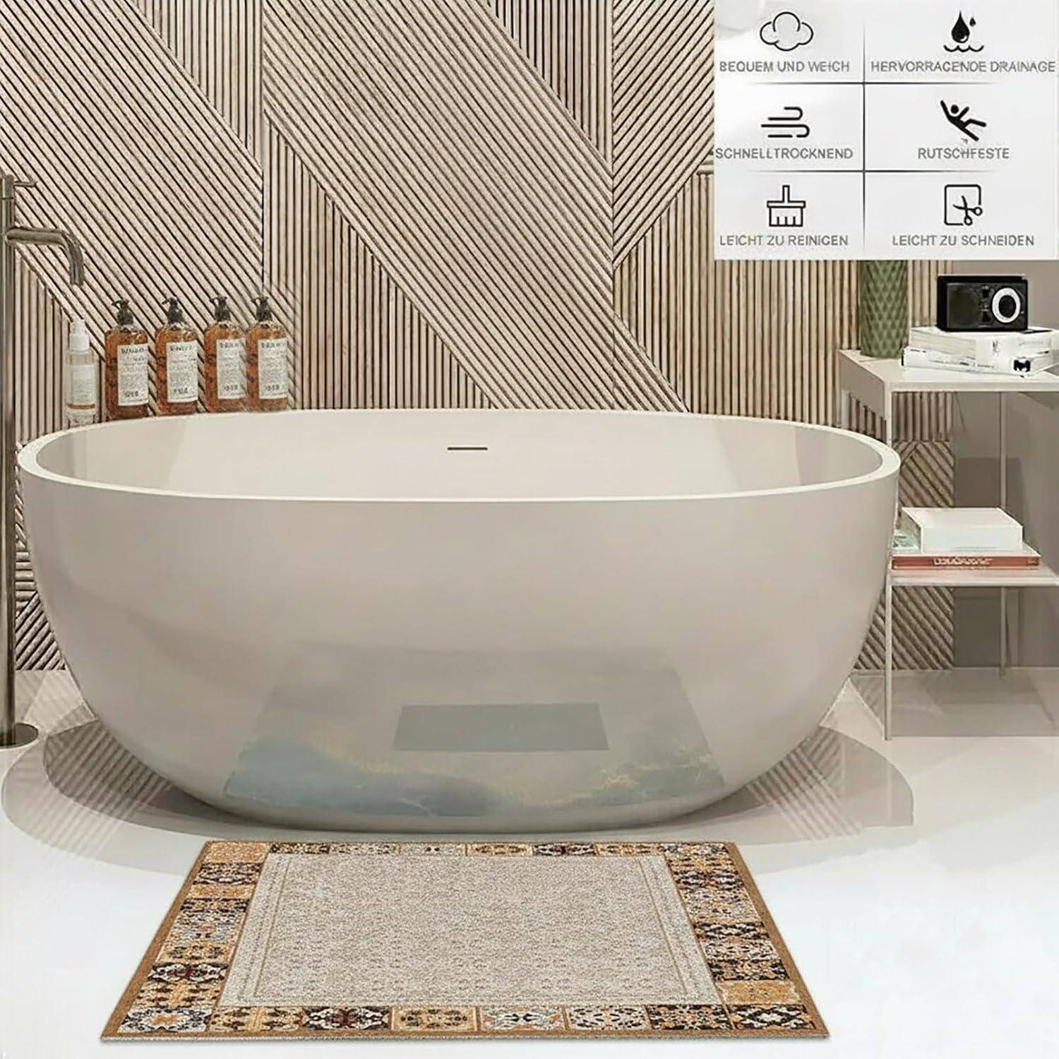 Modernes freistehend aufgestelltes ovales Badewanne in einem Ausstellungsraum, mit Funktionssymbolen zum leichten Gewicht, schneller Entwässerung, kratzerresistentem, leicht zu reinigendem und leicht zu schneidendem Material.