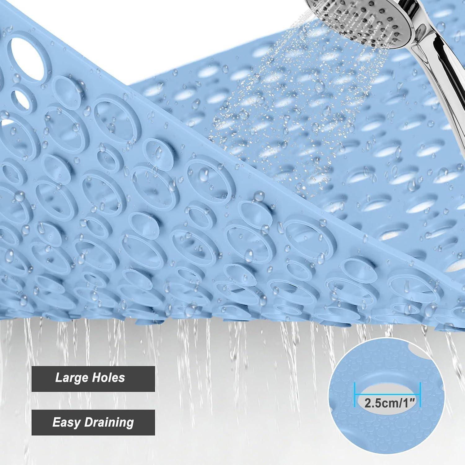 Blaue durchlochte Duschenmatte unter fließendem Wasser, beschriftet mit 'Große Löcher' und 'Einfache Drainage', mit Größenangabe von 2,5cm/1