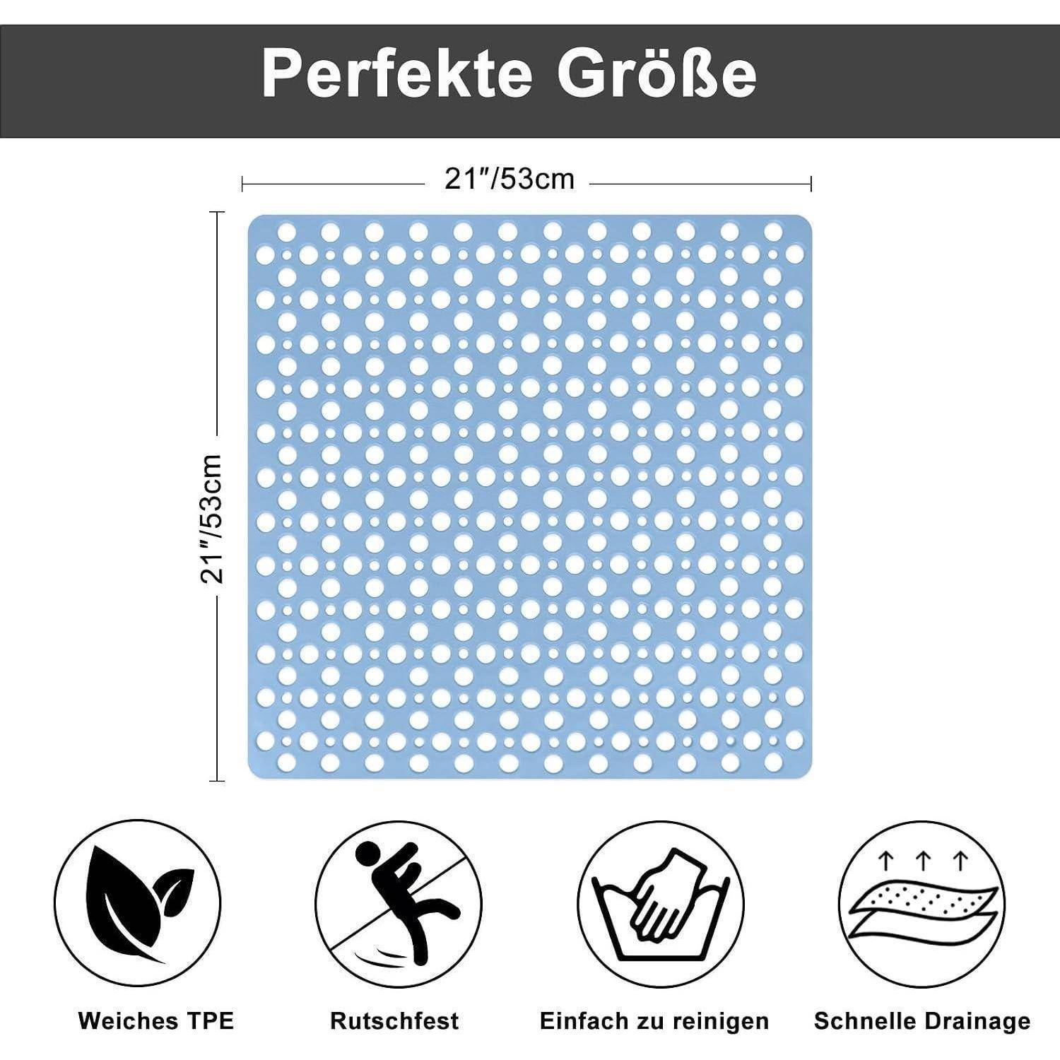 Produktgrößengrafik mit einer 21 x 21,5 cm großen blauen perforierten Matte; Symbole deuten auf weiches TPE, rutschfest, leicht zu reinigen und schnelle Drainage hin.