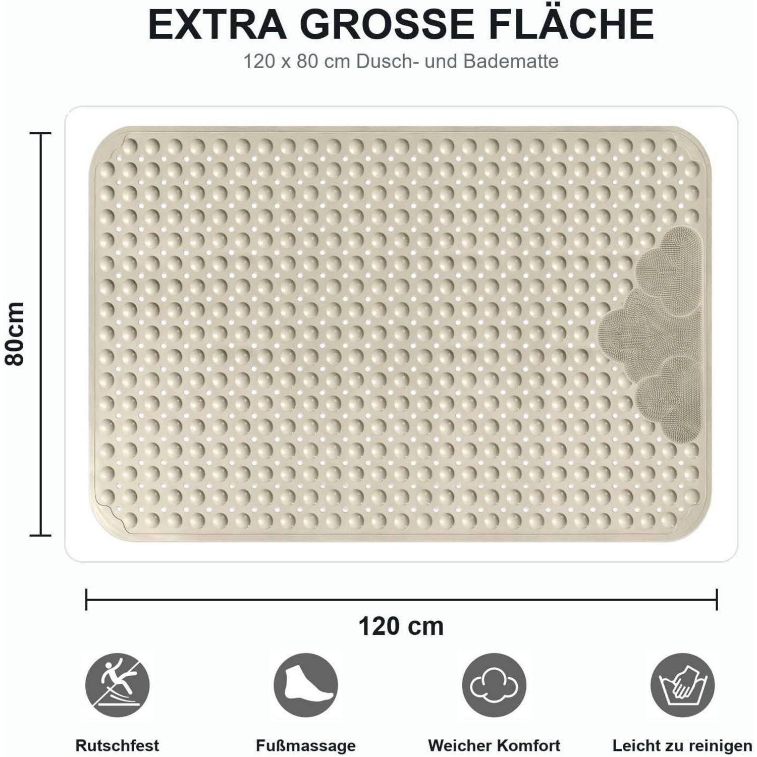 Produktgrafik einer großen beigen Dusch- und Badmatte, 120 x 80 cm, mit erhabenen Punkten und Eckensaugnapfkissen; gekennzeichnet mit rutschfest, Fußmassage, weicher Komfort und leicht zu reinigen.