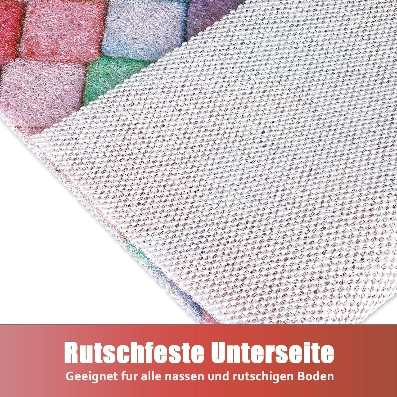 Nahaufnahme der rutschfesten Unterseite einer Matte mit strukturierter Griffigkeit; deutscher Text sagt „Rutschfeste Unterseite