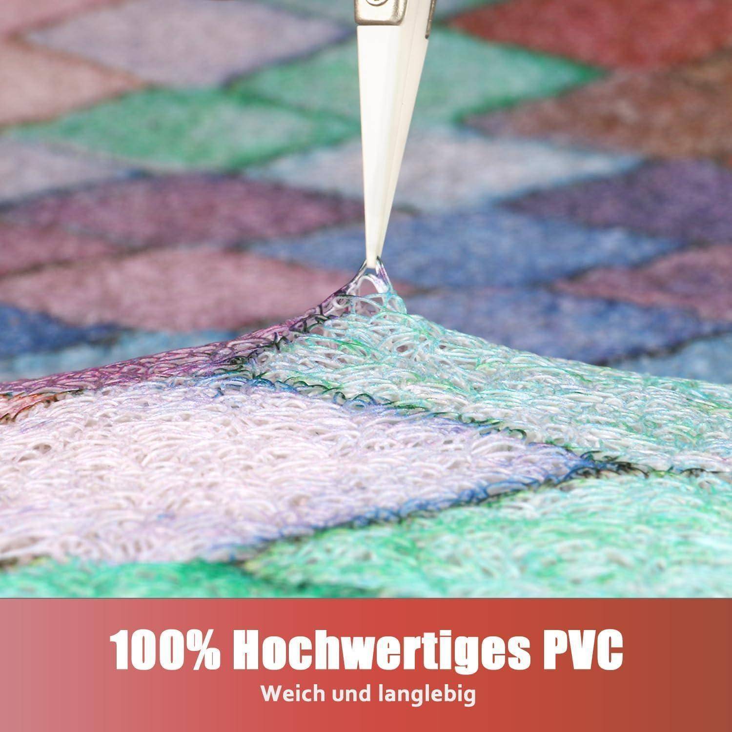 Nahaufnahme eines spitzen Applikators, der eine flexible PVC-Oberfläche prüft; Text sagt „100% Hochwertiges PVC