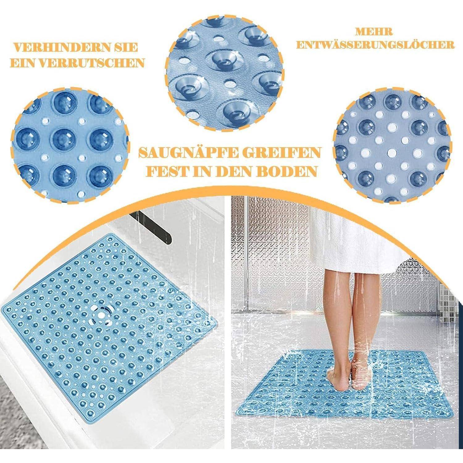 Blauefarbige Badewannenmatte mit Saugnapfen, nass auf dem Duschboden dargestellt, mit deutschem Text, der die rutschfeste Griffigkeit und Entwässerungslöcher hervorhebt.