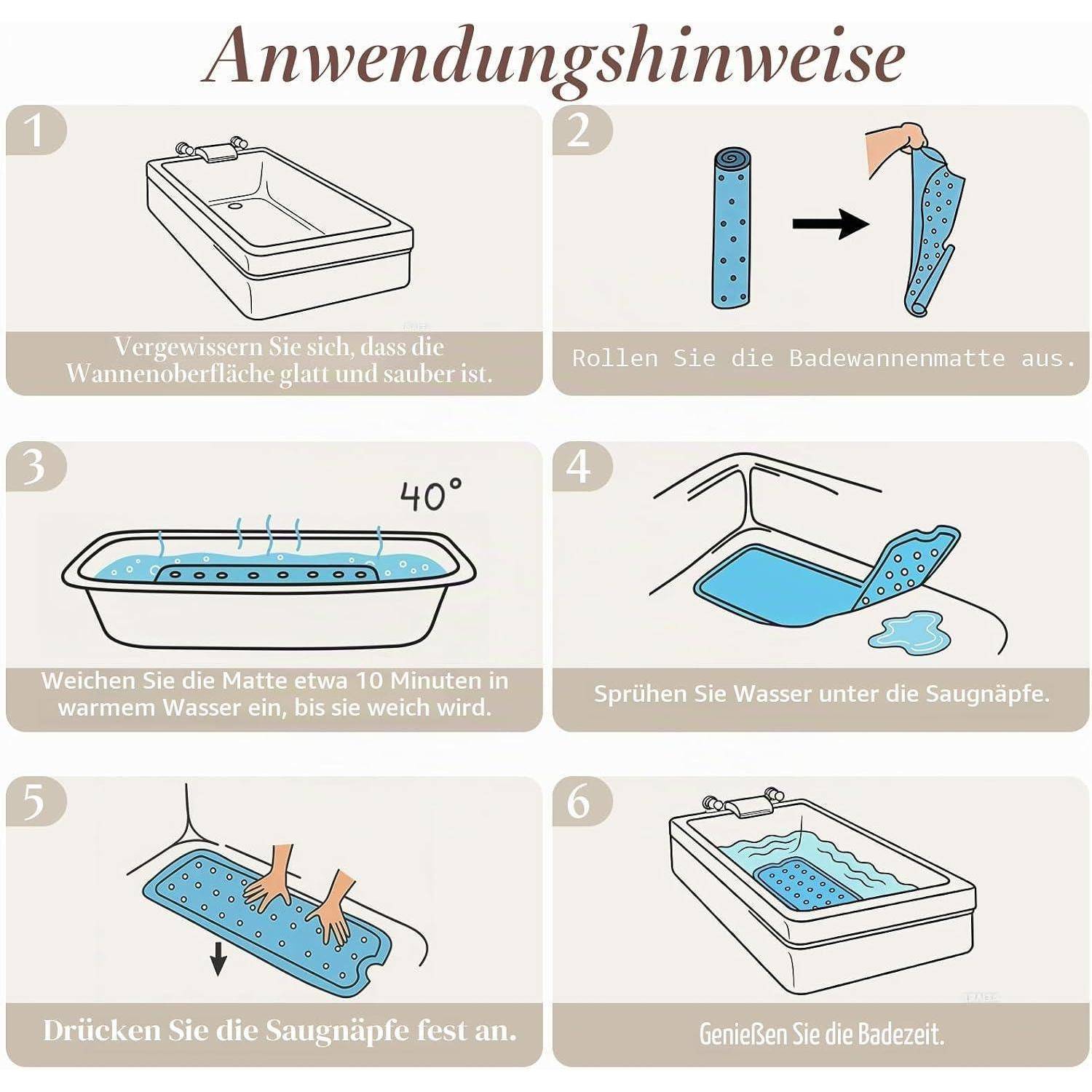 Badewannenmatte rutschfest Grau 100x40cm PVC Schimmelresistent