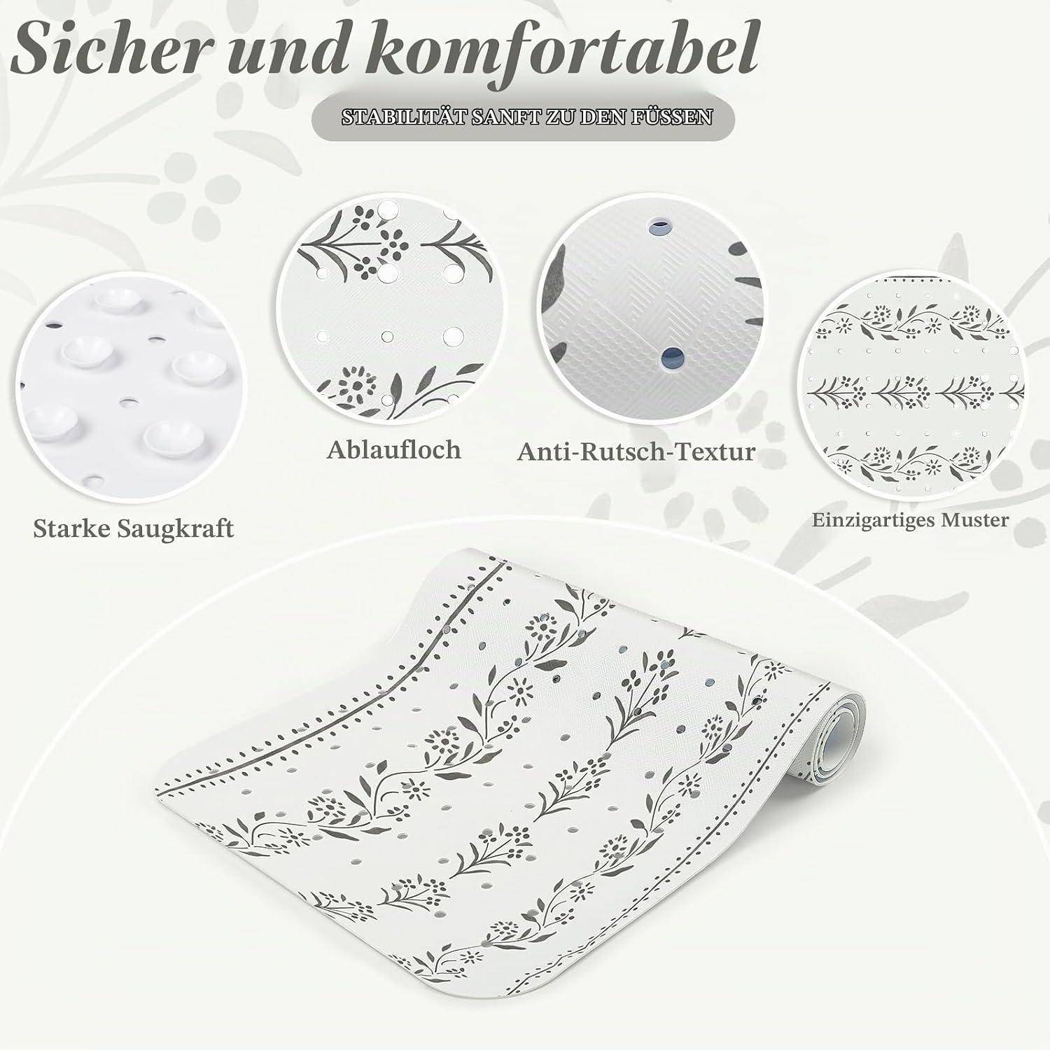 Deutsches Produktfoto einer weißen Badematte mit folgenden Eigenschaften: starke Saugfähigkeit, Ablauflöcher, rutschfeste Oberfläche und dekoratives Blumenmuster.