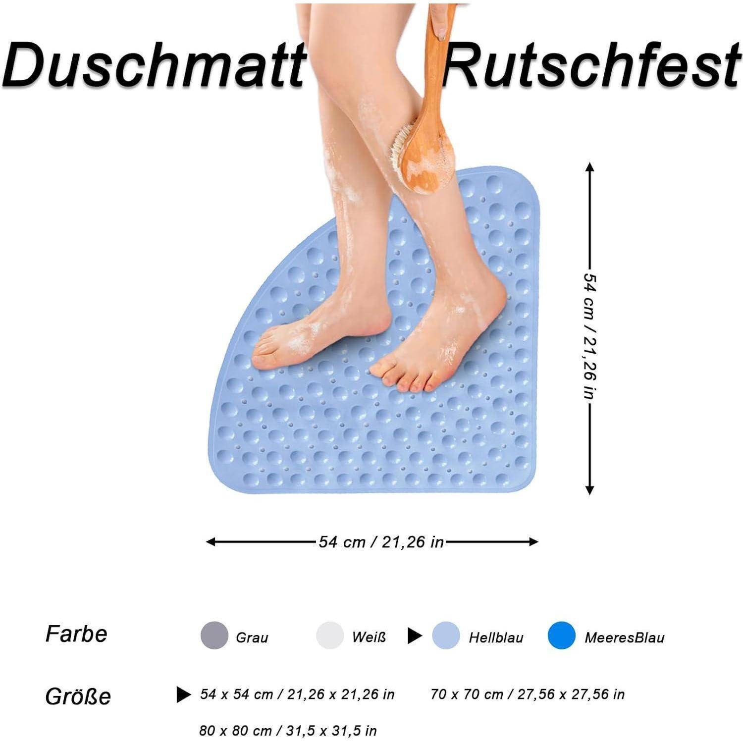 Blauantirutsch-Duschmatte mit Saugnäpfchen; Abmessungen angegeben als 54 cm x 54 cm, und Größenoptionen in Deutsch aufgelistet.