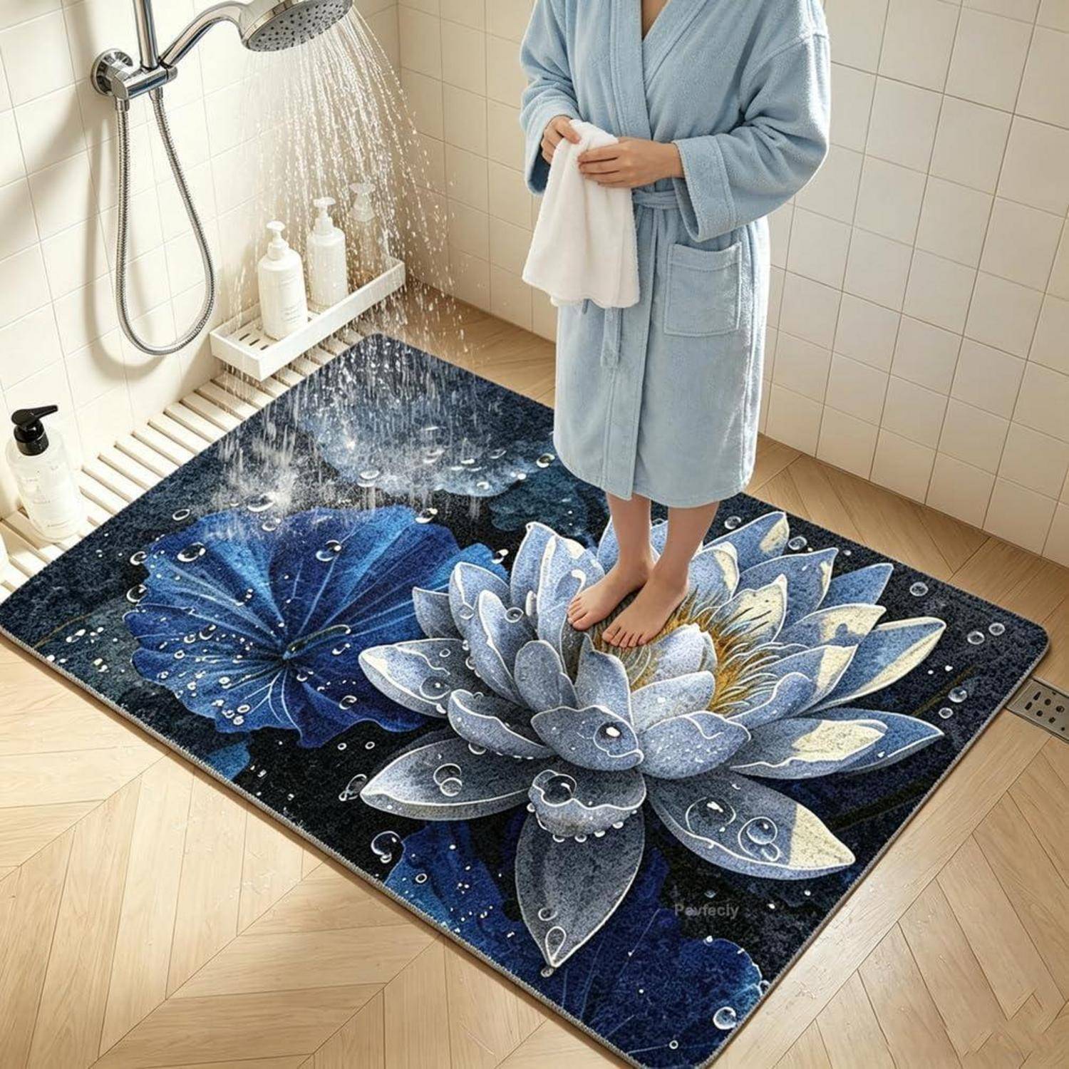 Eine Person, die auf einer blumigen Badematte in einer Dusche steht, zeigt einen wasserdichten, rutschfesten Badezimmerteppich mit dekorativem Blumenmuster.