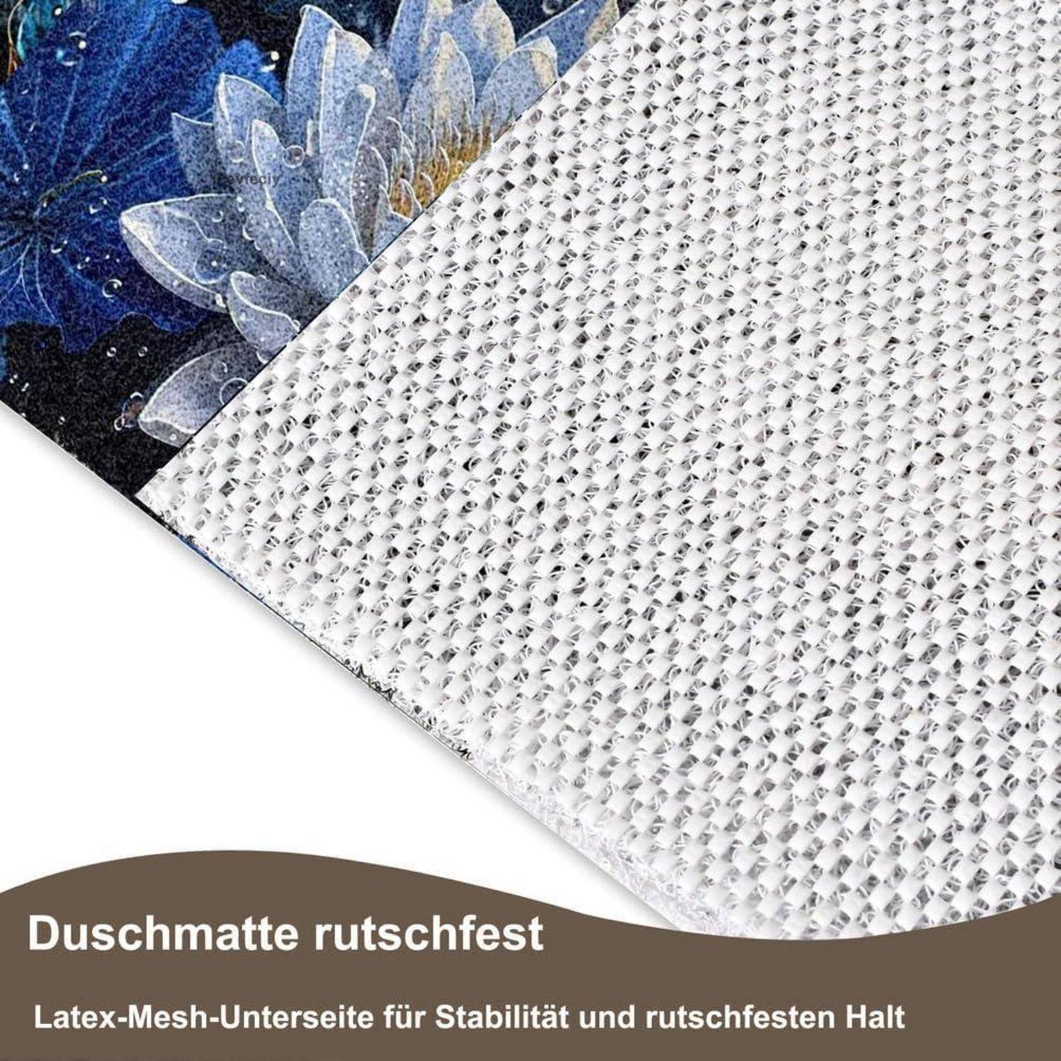Nahaufnahme einer rutschfesten Duschmatte mit Latex-Mesh-Unterseite, beschriftet mit „Duschmatte rutschfest
