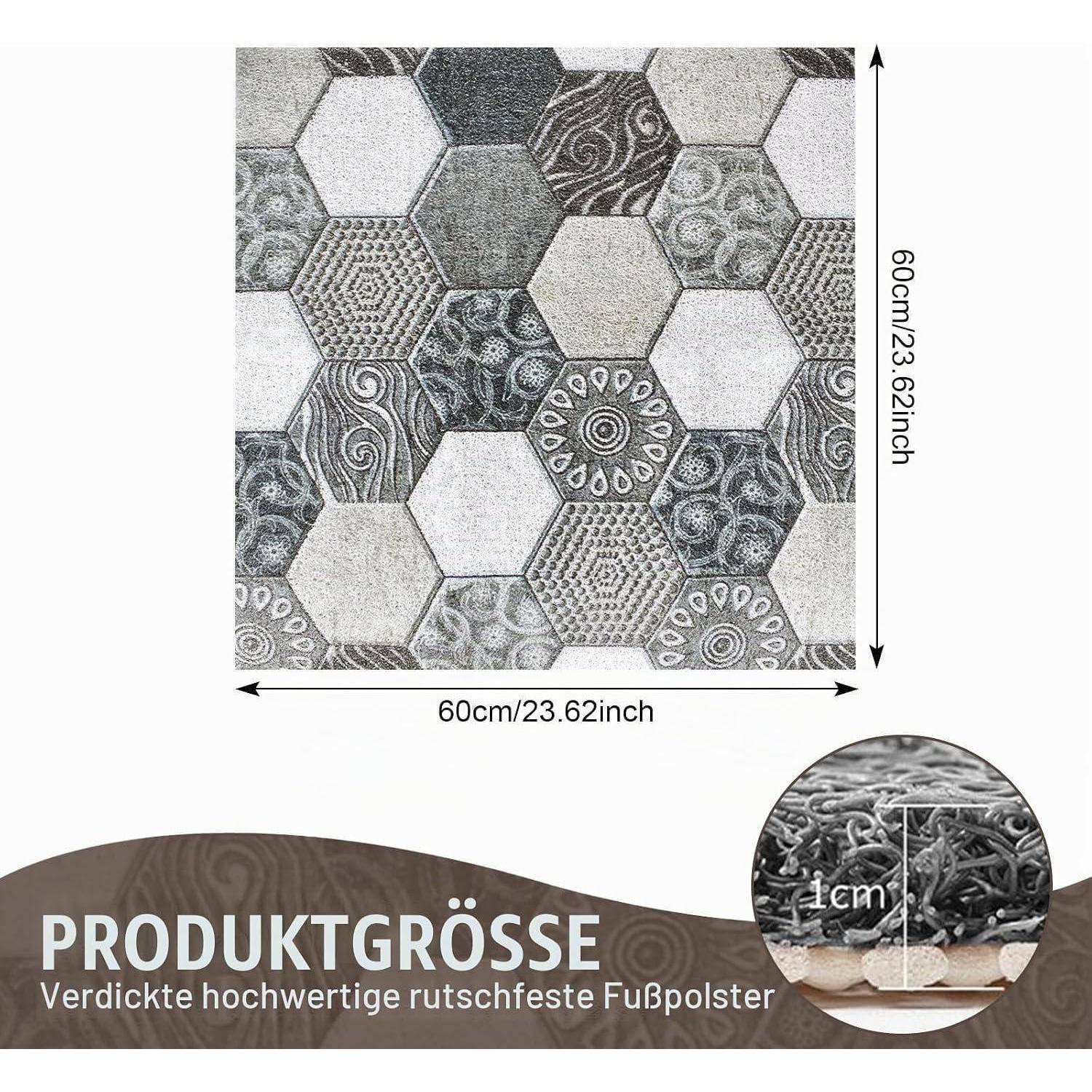 Fußmatte mit sechseckigem Muster, 60 cm x 60 cm, gezeigt mit deutschem Produktgrößentext und Nahaufnahme des 1 cm Flors.