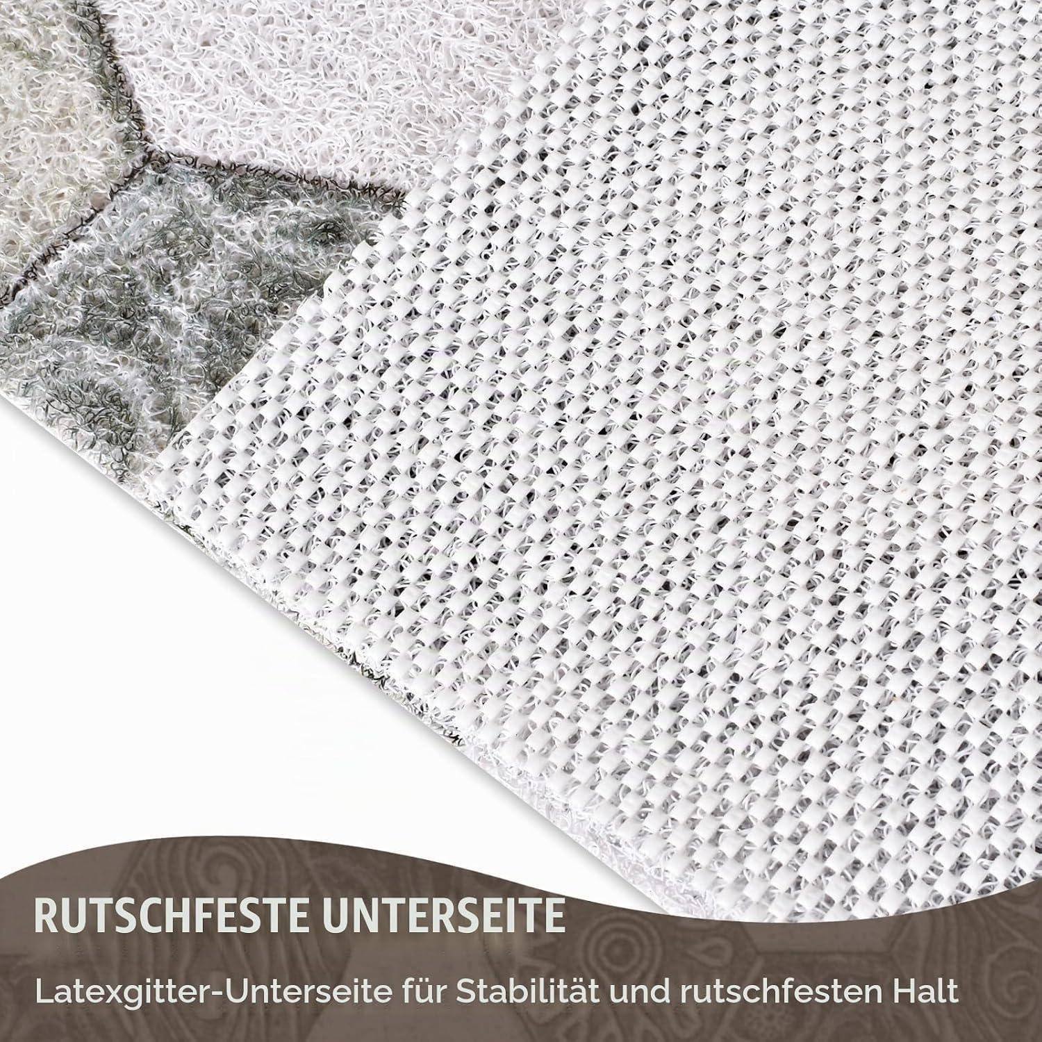 Nahaufnahme der strukturierten Latexgitter-Unterseite einer Matte, beschriftet mit „RUTSCHFESTE UNTERSEITE" und „Latexgitter-Unterseite für Stabilität und rutschfesten Halt"".