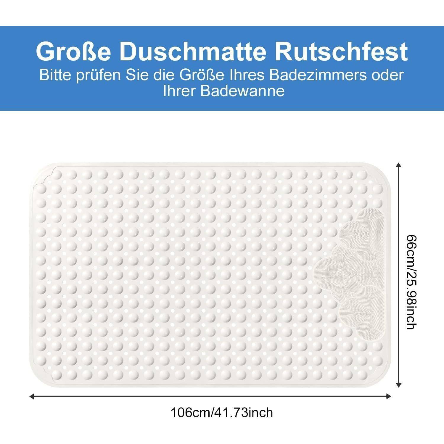 Deutsches Produktgrafik einer großen rutschfesten Badematte, die eine Größe von 106 cm mal 66 cm zeigt und ein abgerundetes rechteckiges Design mit Saugnapfbeulen aufweist.