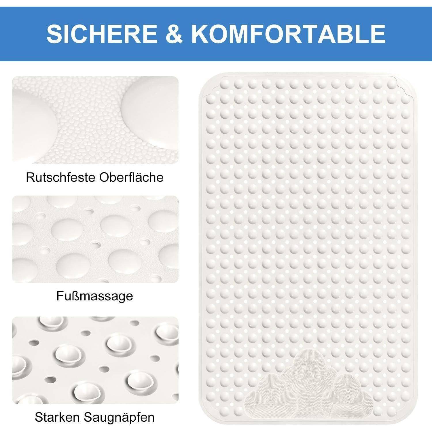 Weißer Badezimmermatte mit Saugnäpfen und strukturierter, rutschfester Oberfläche; beschriftet mit 'Sichere & komfortable' und 'Rutschfeste Oberfläche', 'Fußmassage', 'Starke Saugnäpfe'.