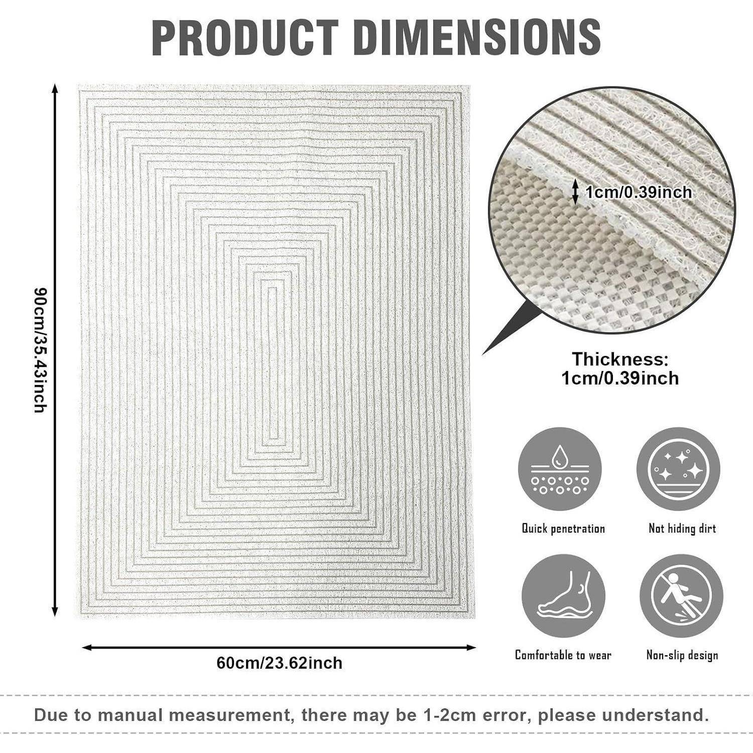 Produktabmessungen-Diagramm zeigt eine rechteckige Matte, 90 cm x 60 cm und 1 cm dick, mit schneller Wasserdurchlässigkeit, Schmutzbeständigkeit, Komfort und rutschfesten Eigenschaften.