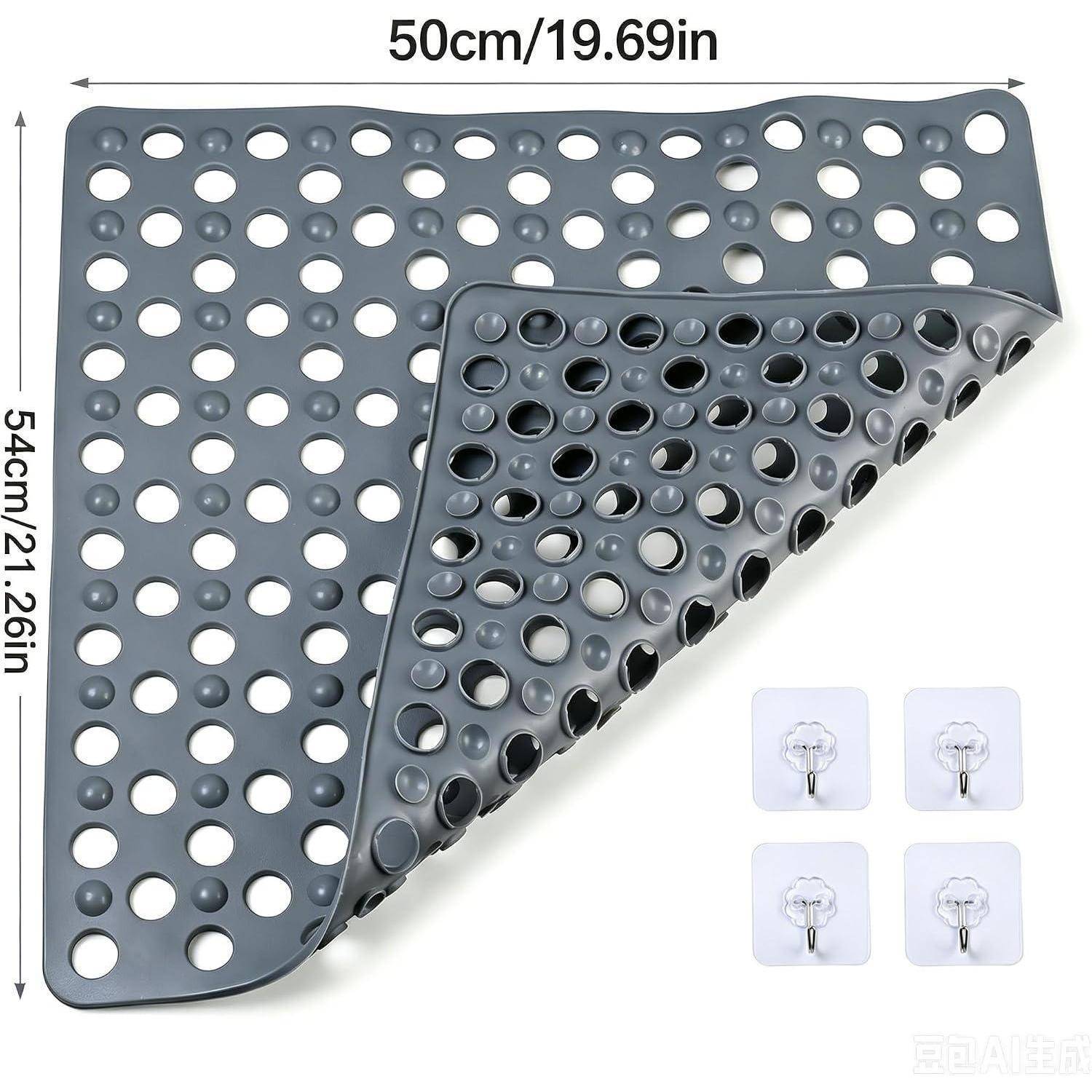 Graue perforierte Antirutschmatte mit erhabenen Kreisen, gefaltet dargestellt, um die Textur zu zeigen; beschriftet mit 50cm/19,69in x 54cm/21,26in, mit vier transparenten Klebehaken im Lieferumfang enthalten.