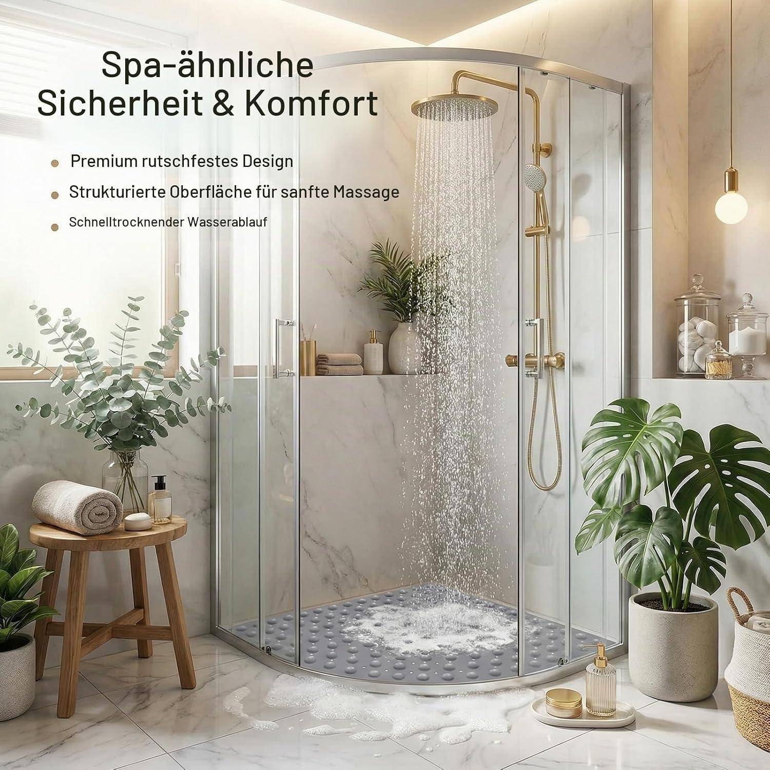 Geräumige Glasdusche mit Regenduschkopf und rutschfestem Tablett, beschriftet auf Deutsch: 'Spa-ähnliche Sicherheit & Komfort' mit Premium-, strukturierten, schnell ableitenden Eigenschaften.