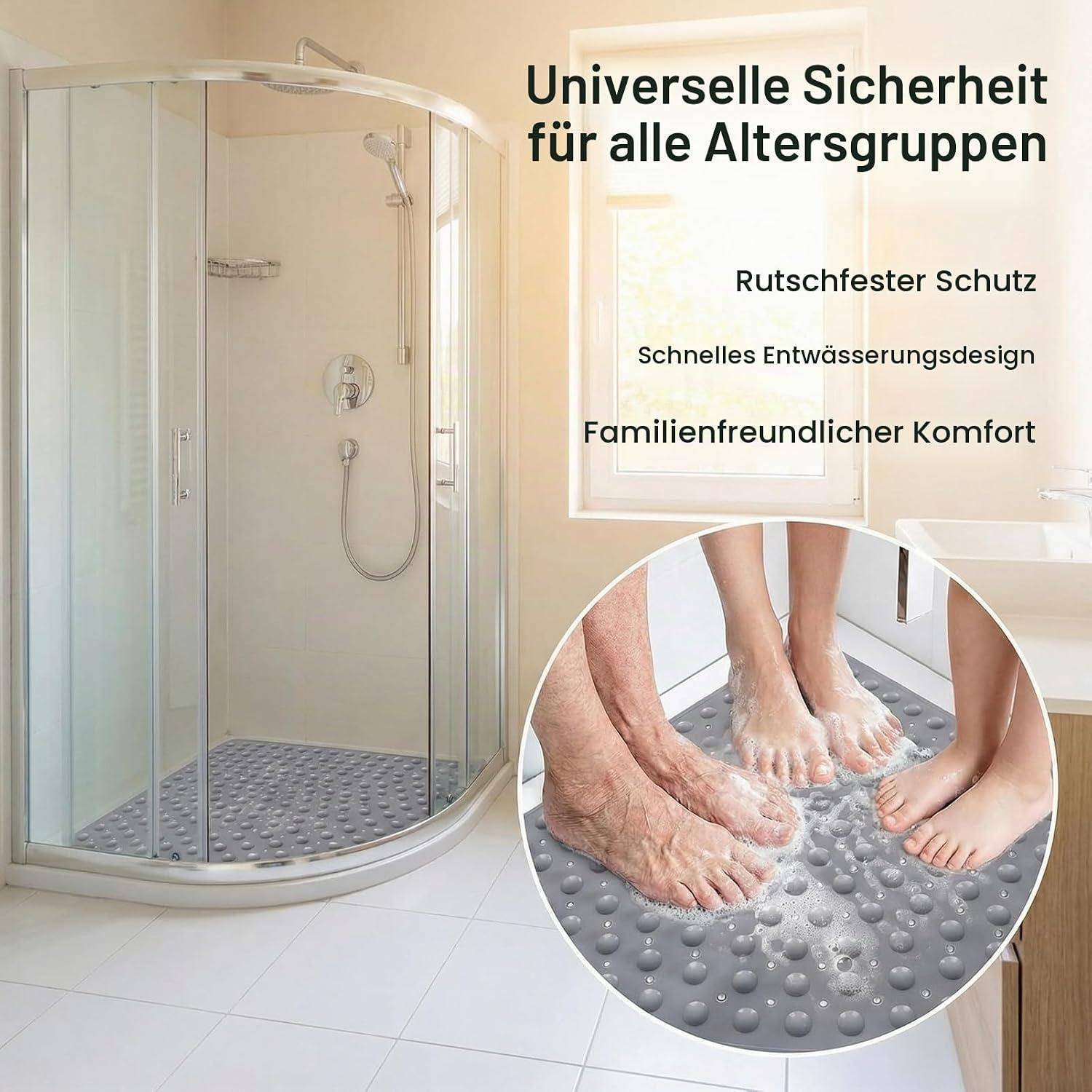 Badezimmerdusche mit gebogener Glasumrandung und rutschfestem Boden; deutscher Text bewirbt universelle Sicherheit für alle Altersgruppen, schnelle Entwässerung und Familienkomfort.