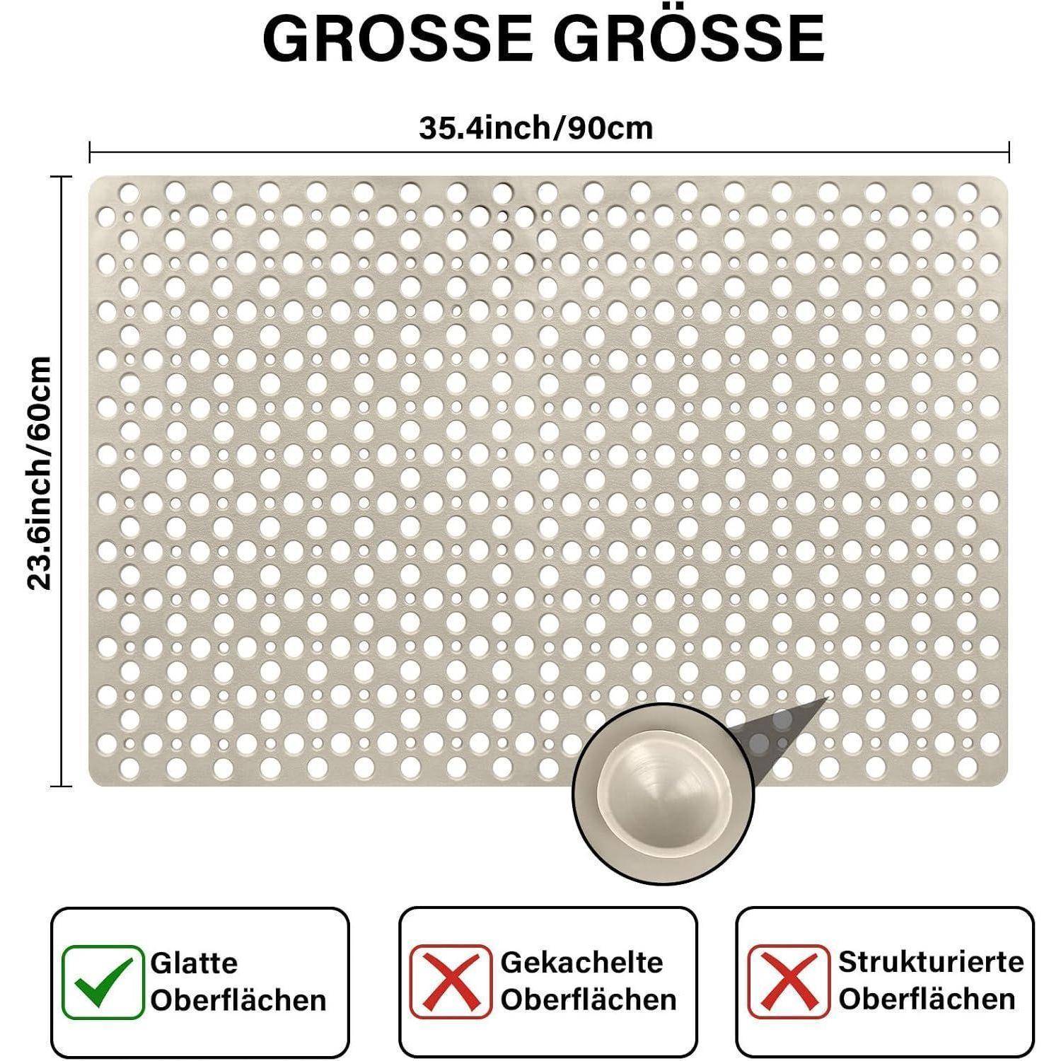 Perforierte beige Matte mit der Aufschrift 'GROSSE GRÖSSE' mit den Abmessungen 35,4 Zoll/90 cm x 23,6 Zoll/60 cm; nur für glatte Oberflächen geeignet.