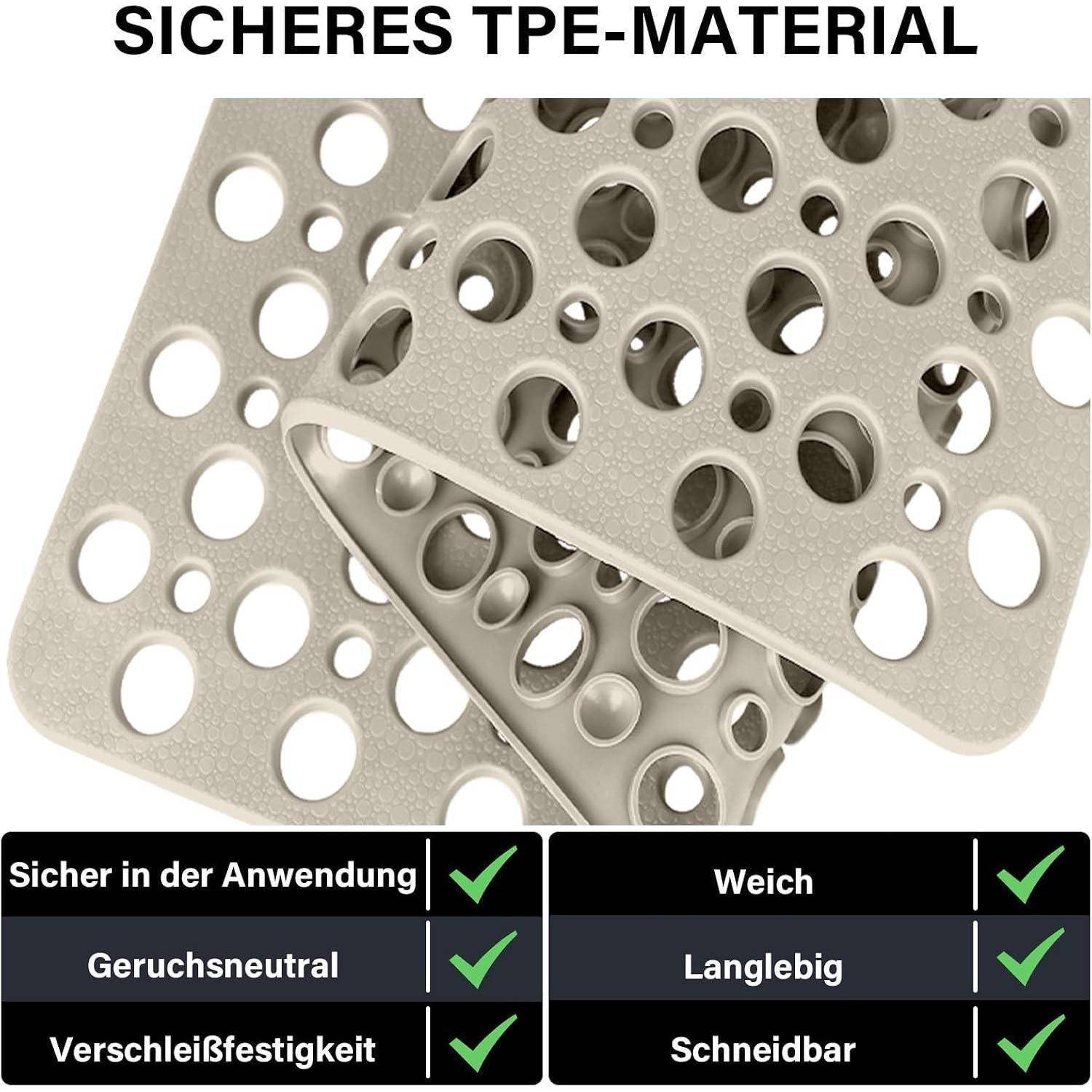 Deutsches Produktgrafik zeigt perforiertes beige rutschhemmendes Mattenmaterial mit der Bezeichnung 'SICHERES TPE-MATERIAL' mit markierten Aussagen: sicher zu verwenden, geruchlos, verschleißfest, weich, langlebig und schneidbar.