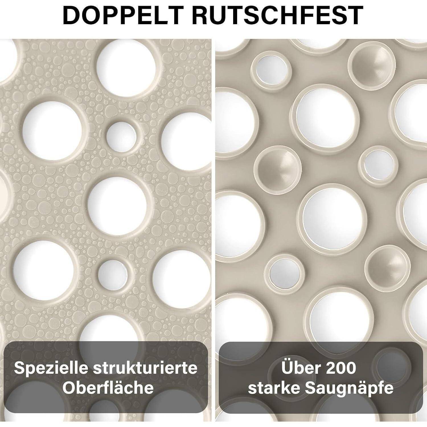 Vergleichsbild von zwei rutschfesten Oberflächen, beschriftet mit „DOPPELT RUTSCHFEST