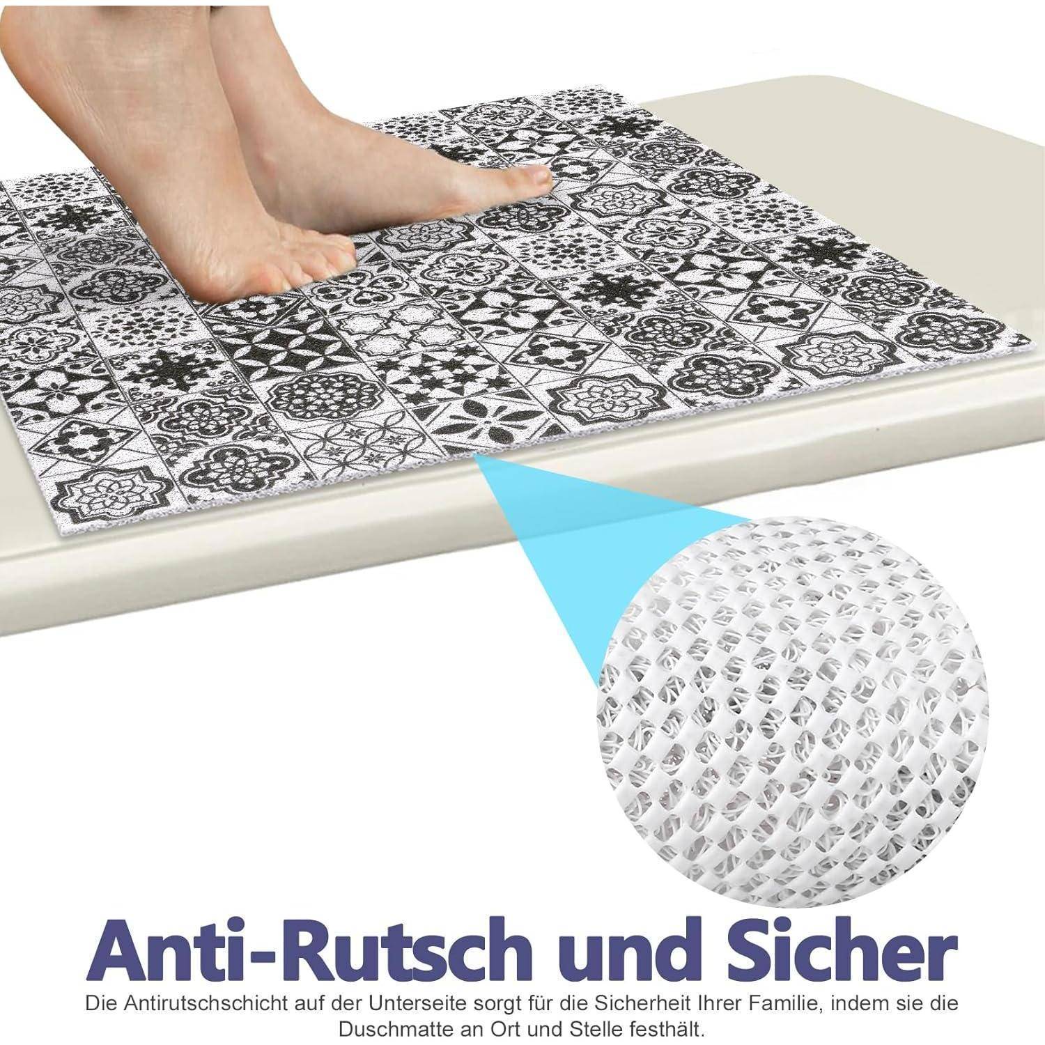 Barfuße stehen auf einer gemusterten Klebematte mit rutschfestem Untergrund; deutscher Text liest „Anti-Rutsch und Sicher