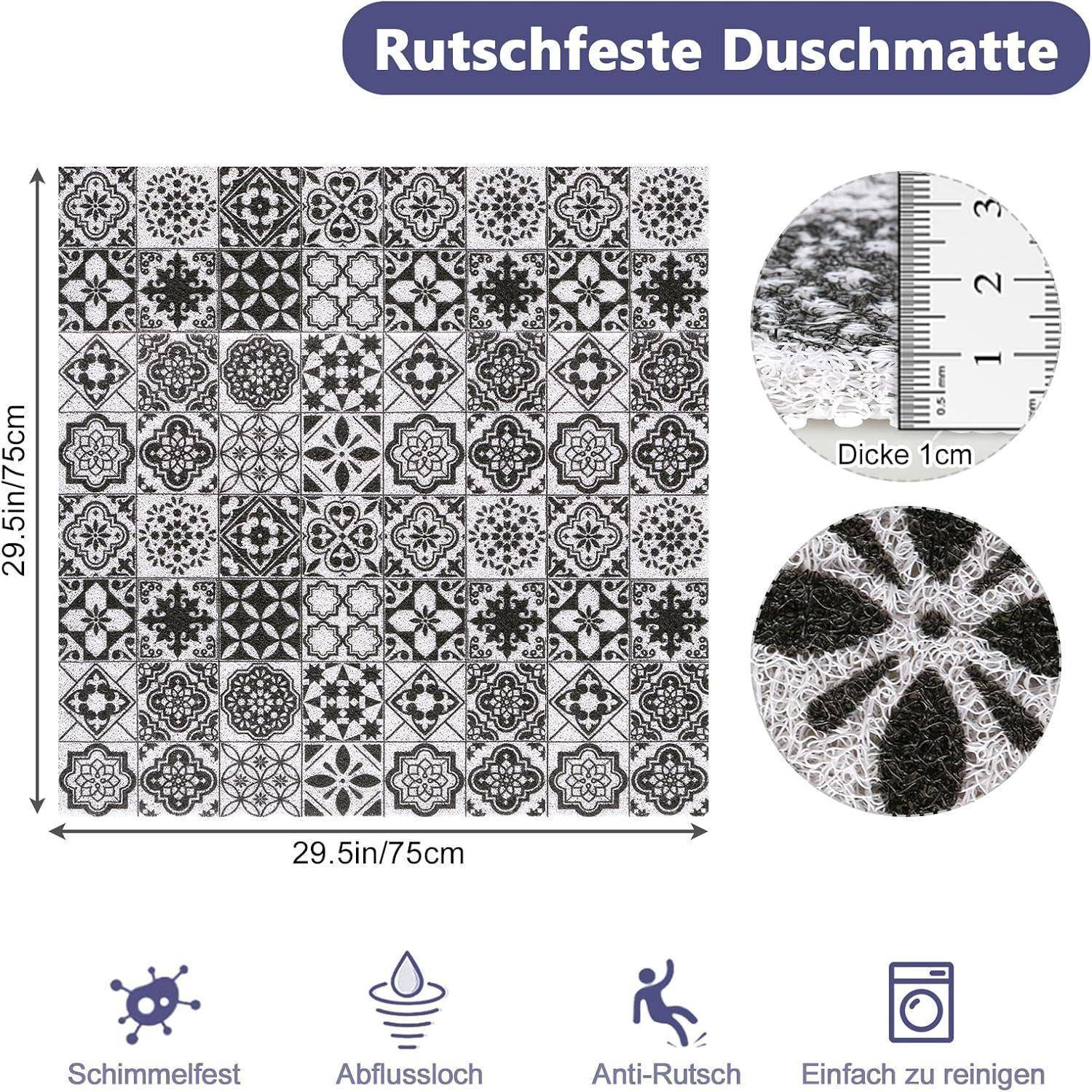 Produktgrafik einer 75 cm großen quadratischen rutschfesten Badematte mit schwarzweißem Fliesenmuster, 1 cm Dicke und Symbolen für fleckenabweisend, wassersaugfähig, rutschfest und leicht zu reinigen.