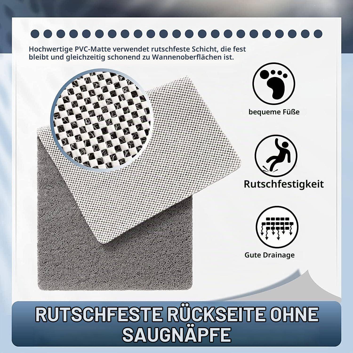 Produktabbildung einer PVC-Badematte mit rutschfester strukturierter Rückseite; Symbole heben bequeme Füße, Rutschfestigkeit und gute Drainage hervor.