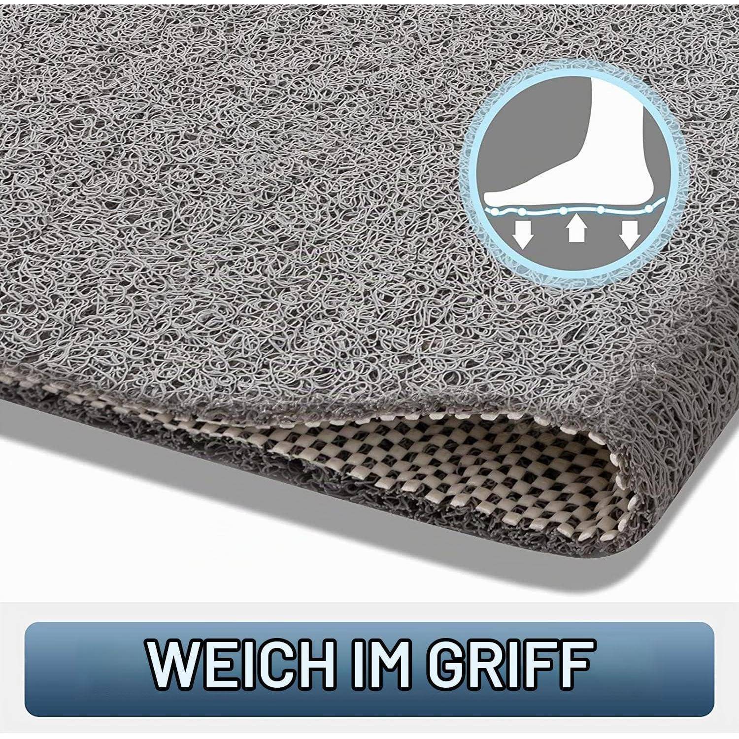 Grauer strukturierter Bodenmatte mit eingelassenem „WEICH IM GRIFF