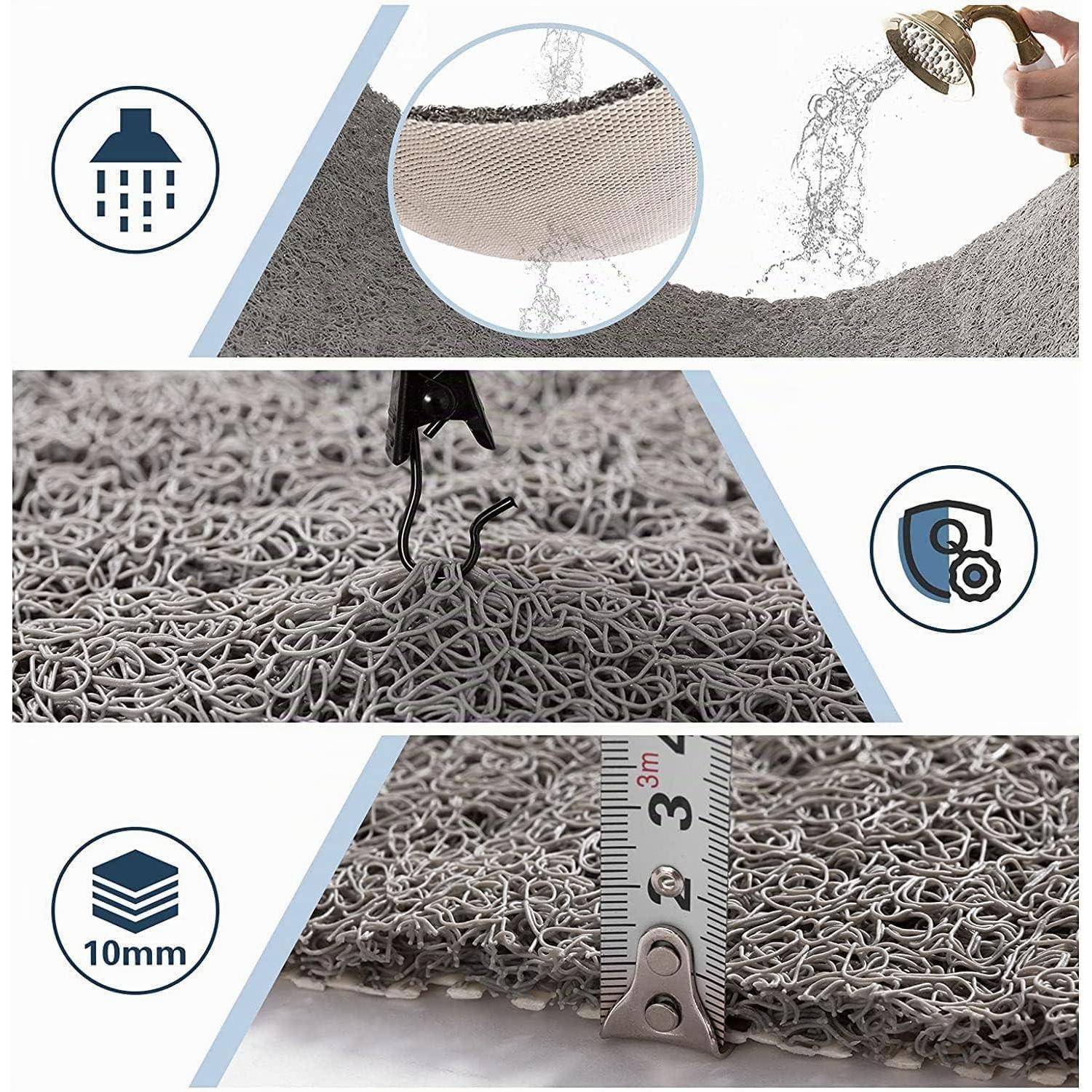 Produktgrafik zeigt eine 10-mm-Drahtgittermatte, die Wasser ablässt, Schmutz auffängt und verschleißbeständig ist, mit Nahaufnahmen der Textur und Dickenmessung.