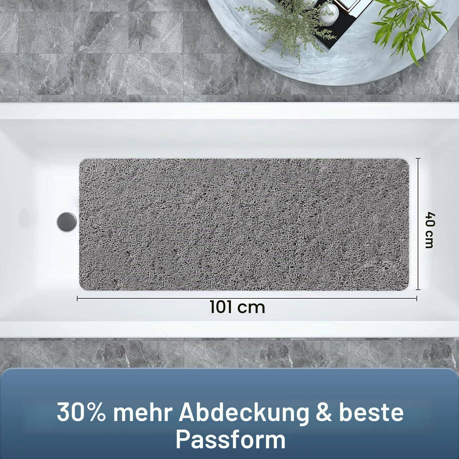 Graue rechteckige Spülbeckenmatte in einem weißen Spülbecken, mit den Maßen 101 cm x 40 cm beschriftet, mit dem Text „30% mehr Abdeckung & beste Passform