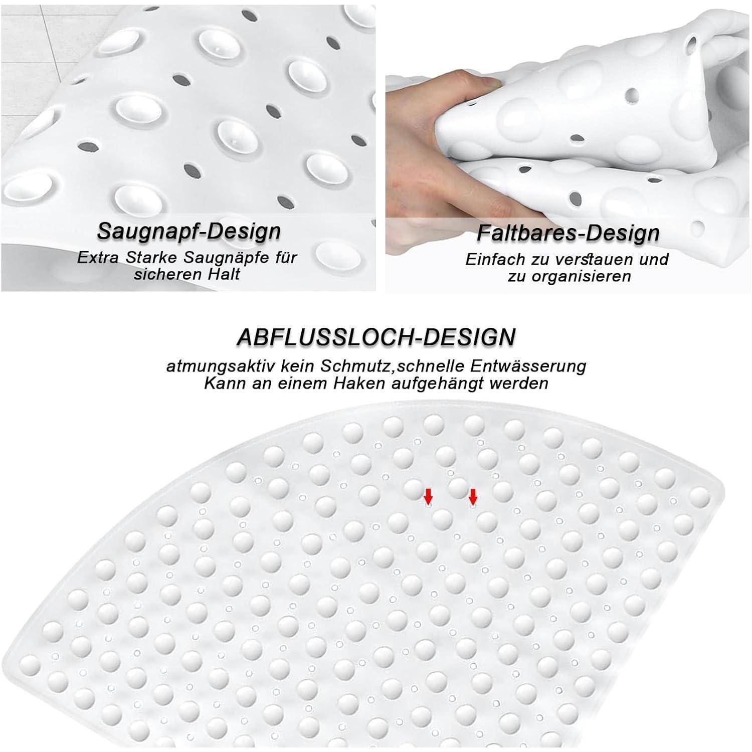 Weiße perforierte Silikonmatte mit Saugnapfnäpfen und Ablöchern, gezeigt gefaltet und von Hand gedrückt; deutscher Text hebt starken Halt, faltbares Design und schnelle Drainage hervor.