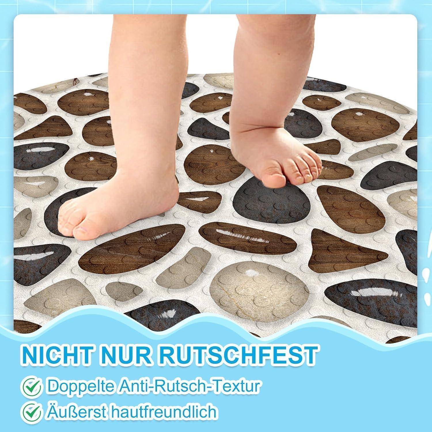 Babyfüße auf einer strukturierten rutschfesten Badmatte mit deutschem Text, der doppelte rutschfeste Textur und hautfreundliches Material bewirbt.