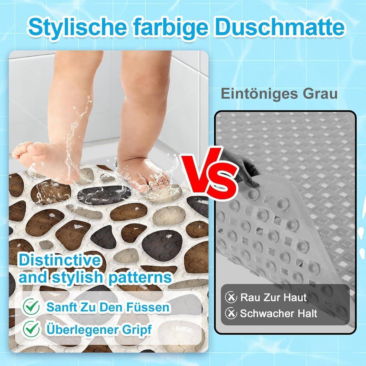 Anzeige zum Vergleich einer gemusterten Badematte und einer einfarbig grauen Matte: Die gemusterte Matte wird unter nassen Füßen mit „sanft zu den Füßen