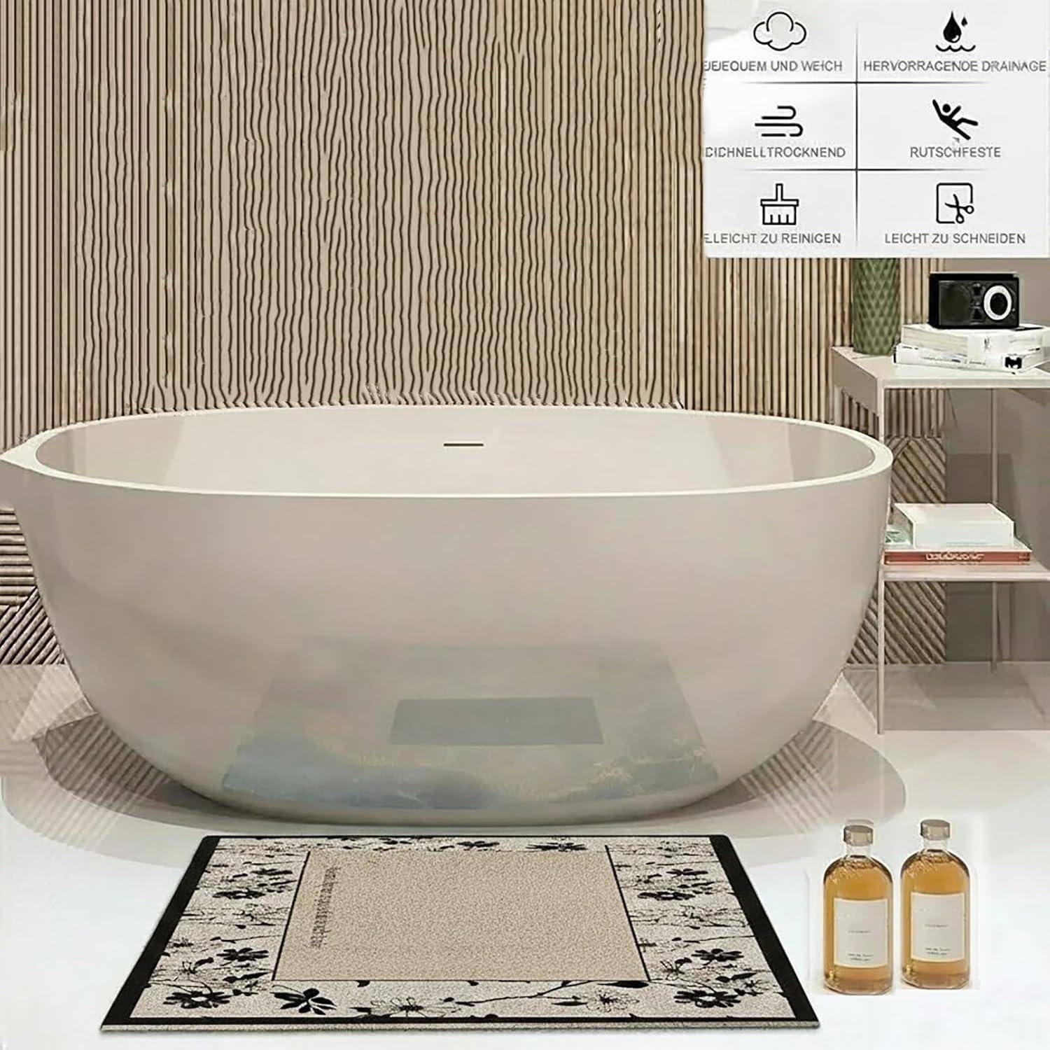 Moderne freistehende Badewanne in einem gekachelten Badezimmer mit deutschen Funktionssymbolen für einfache Reinigung, schnelle Trocknung, Langlebigkeit und einfaches Zuschneiden.